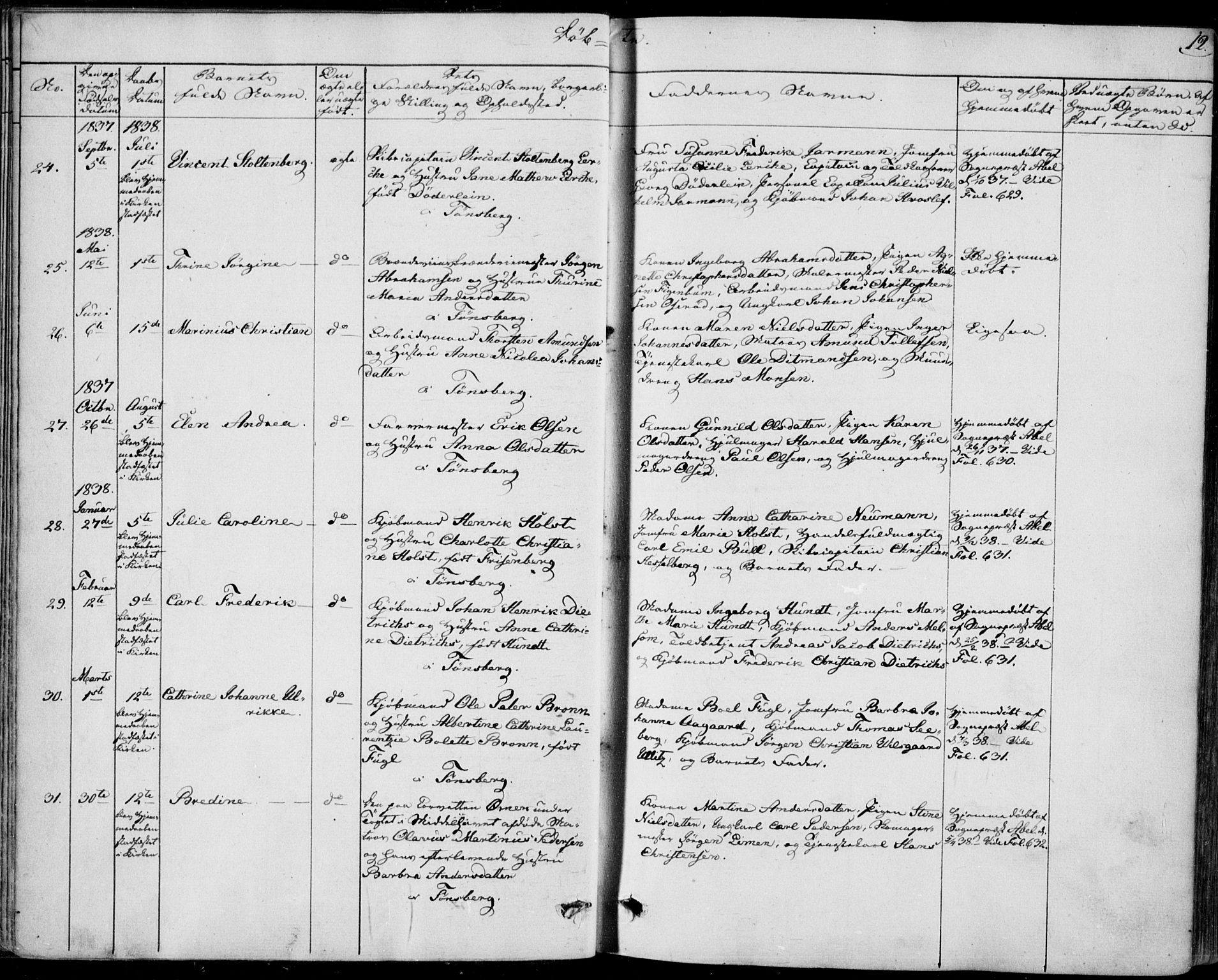 Tønsberg kirkebøker, AV/SAKO-A-330/F/Fa/L0006: Ministerialbok nr. I 6, 1836-1844, s. 12