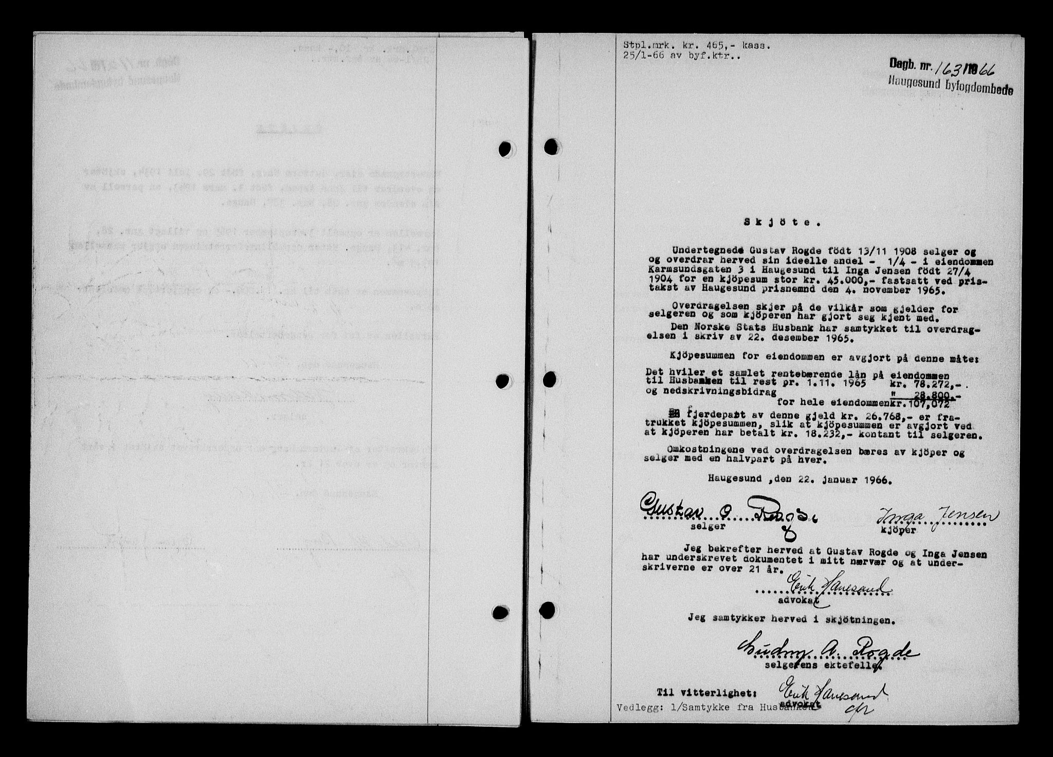 Haugesund tingrett, AV/SAST-A-101415/01/II/IIC/L0076: Pantebok nr. A 17, 1965-1966, Dagboknr: 163/1966