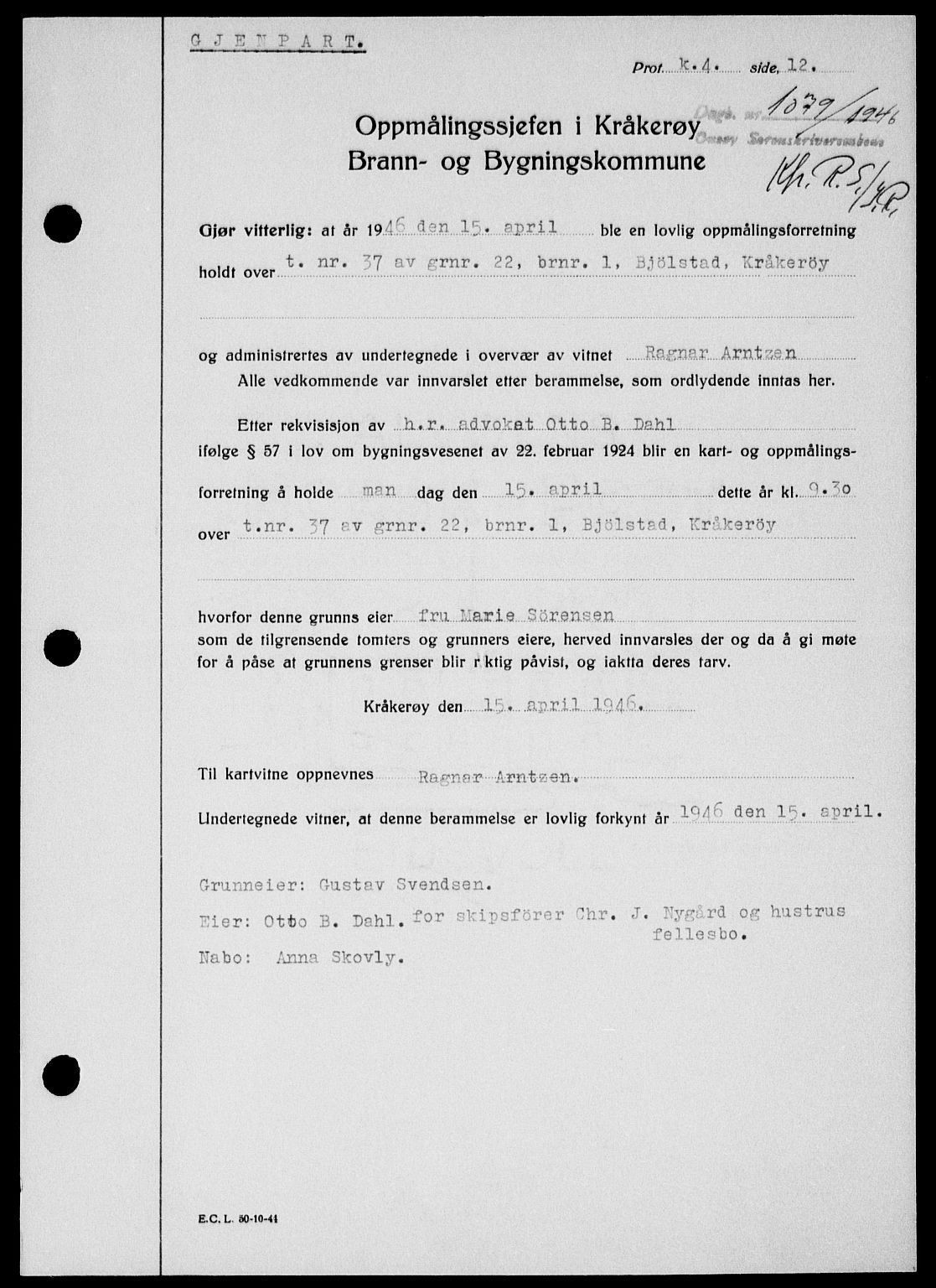 Onsøy sorenskriveri, SAO/A-10474/G/Ga/Gab/L0016: Pantebok nr. II A-16, 1946-1946, Dagboknr: 1079/1946