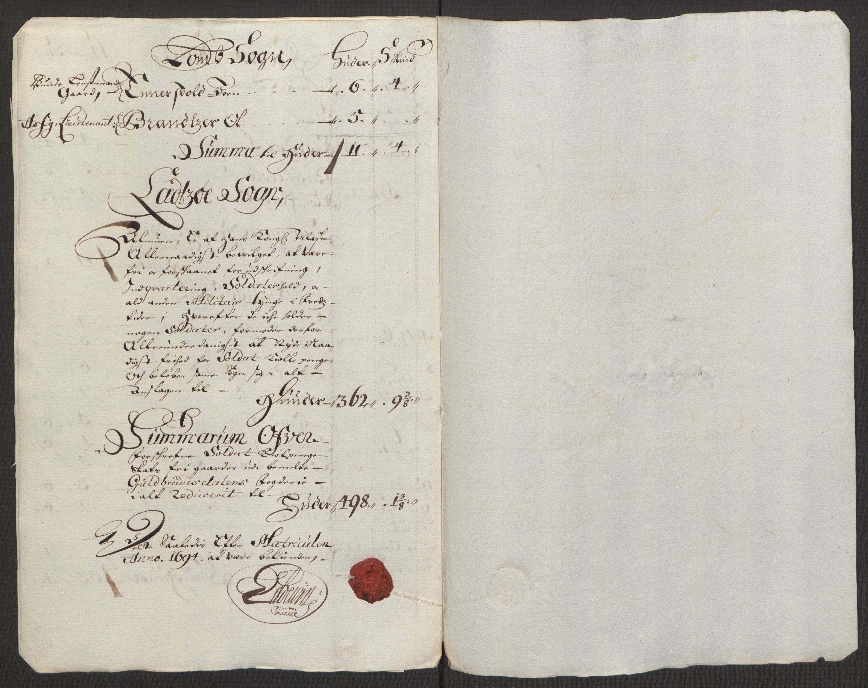 Rentekammeret inntil 1814, Reviderte regnskaper, Fogderegnskap, RA/EA-4092/R17/L1168: Fogderegnskap Gudbrandsdal, 1694, s. 337