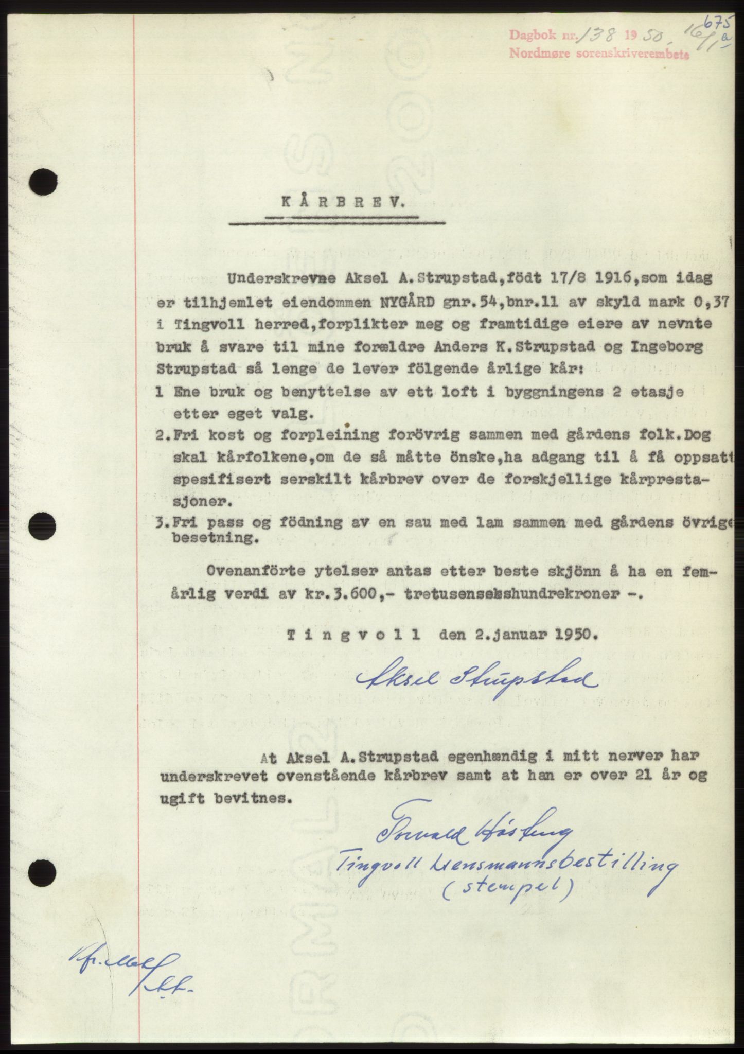 Nordmøre sorenskriveri, SAT/A-4132/1/2/2Ca: Pantebok nr. B103, 1949-1950, Dagboknr: 138/1950