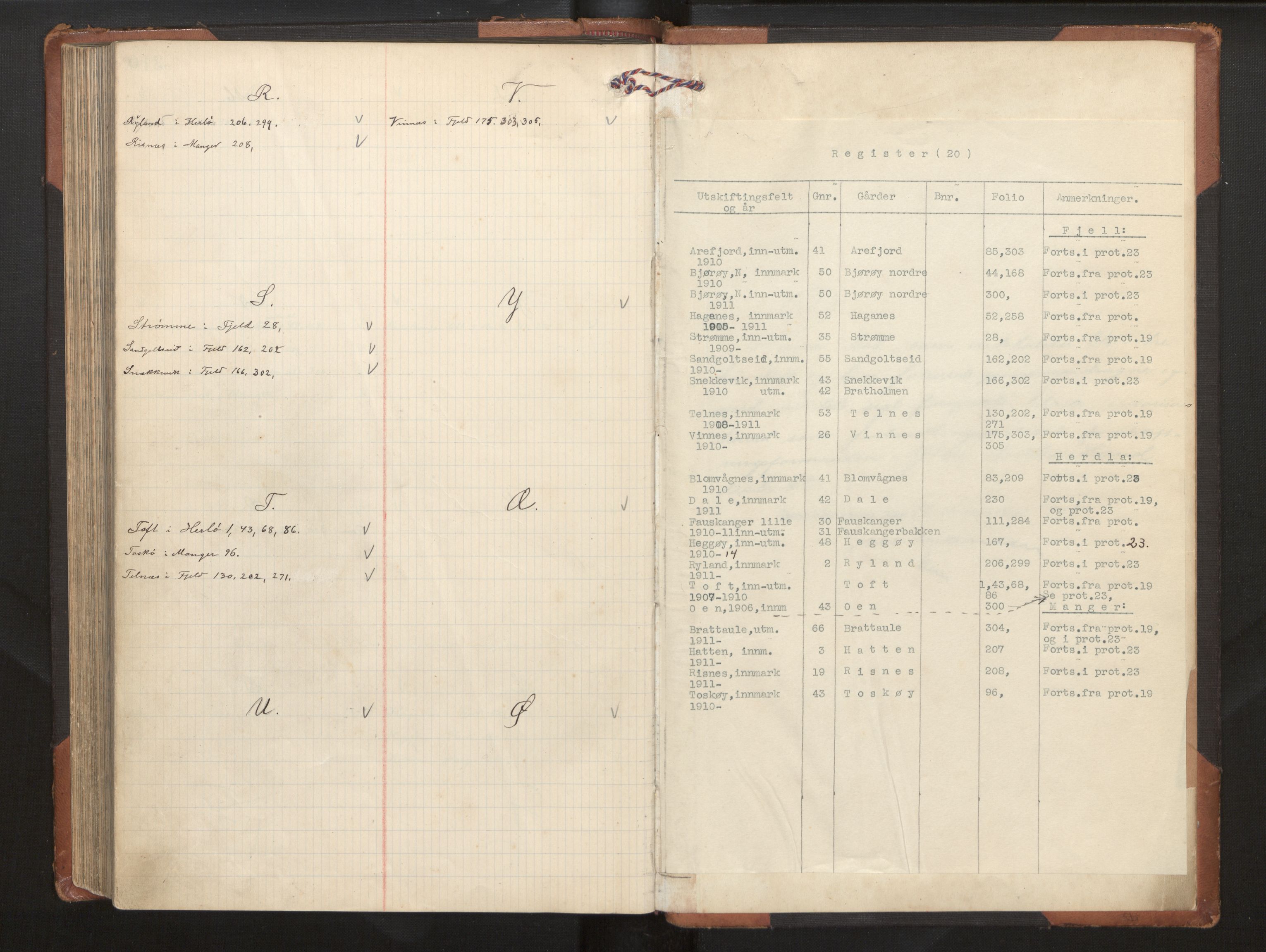 Hordaland jordskiftedøme - II Ytre Nordhordland jordskiftedistrikt, AV/SAB-A-6901/A/Aa/L0020: Forhandlingsprotokoll, 1909-1911