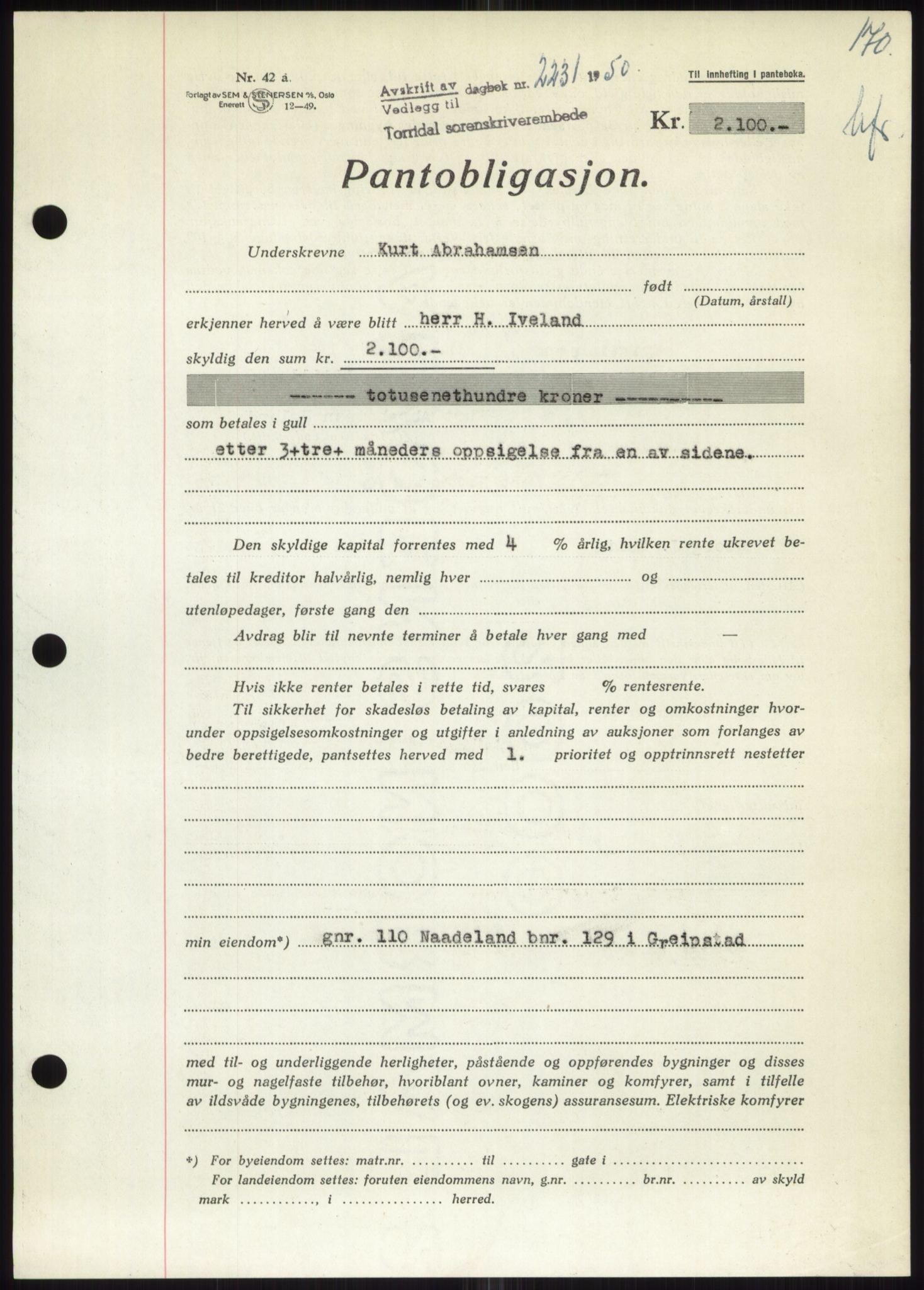 Torridal sorenskriveri, SAK/1221-0012/G/Gb/Gbb/L0020: Pantebok nr. 63B, 1950-1950, Dagboknr: 2231/1950