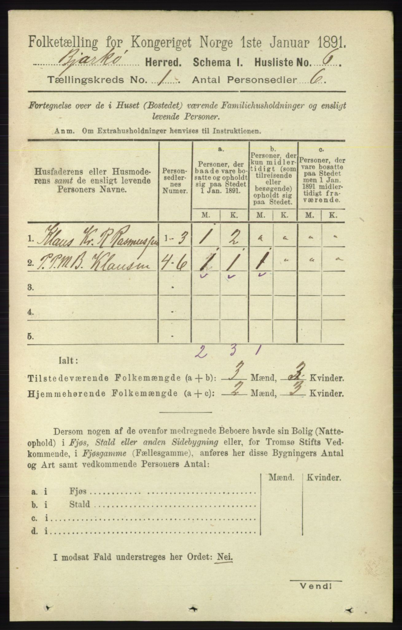 RA, Folketelling 1891 for 1915 Bjarkøy herred, 1891, s. 20