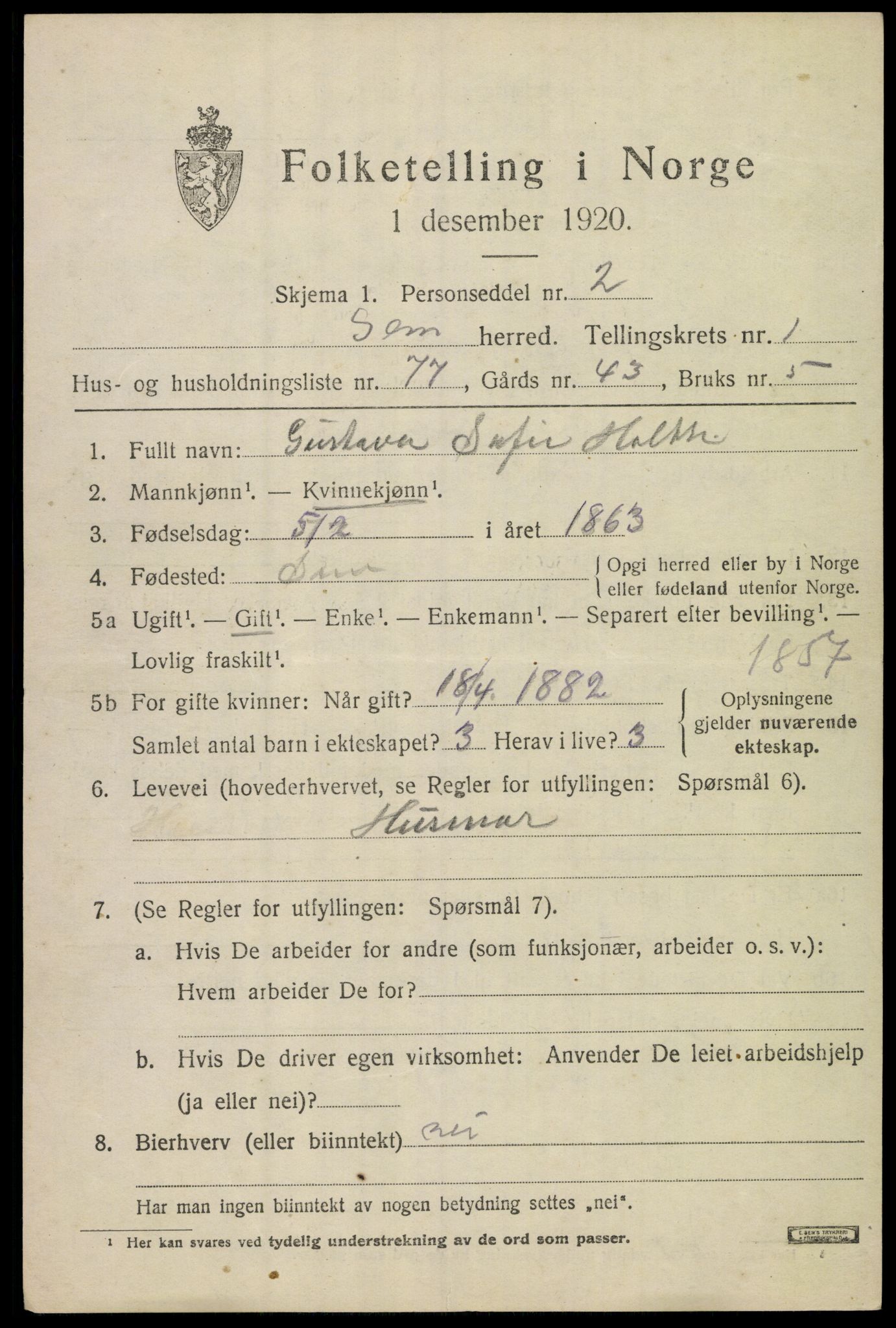 SAKO, Folketelling 1920 for 0721 Sem herred, 1920, s. 3609