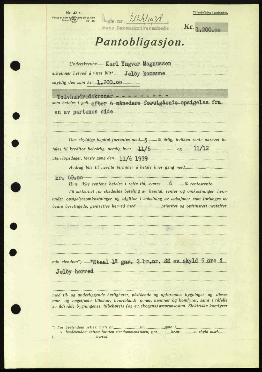 Moss sorenskriveri, SAO/A-10168: Pantebok nr. B6, 1938-1938, Dagboknr: 2126/1938