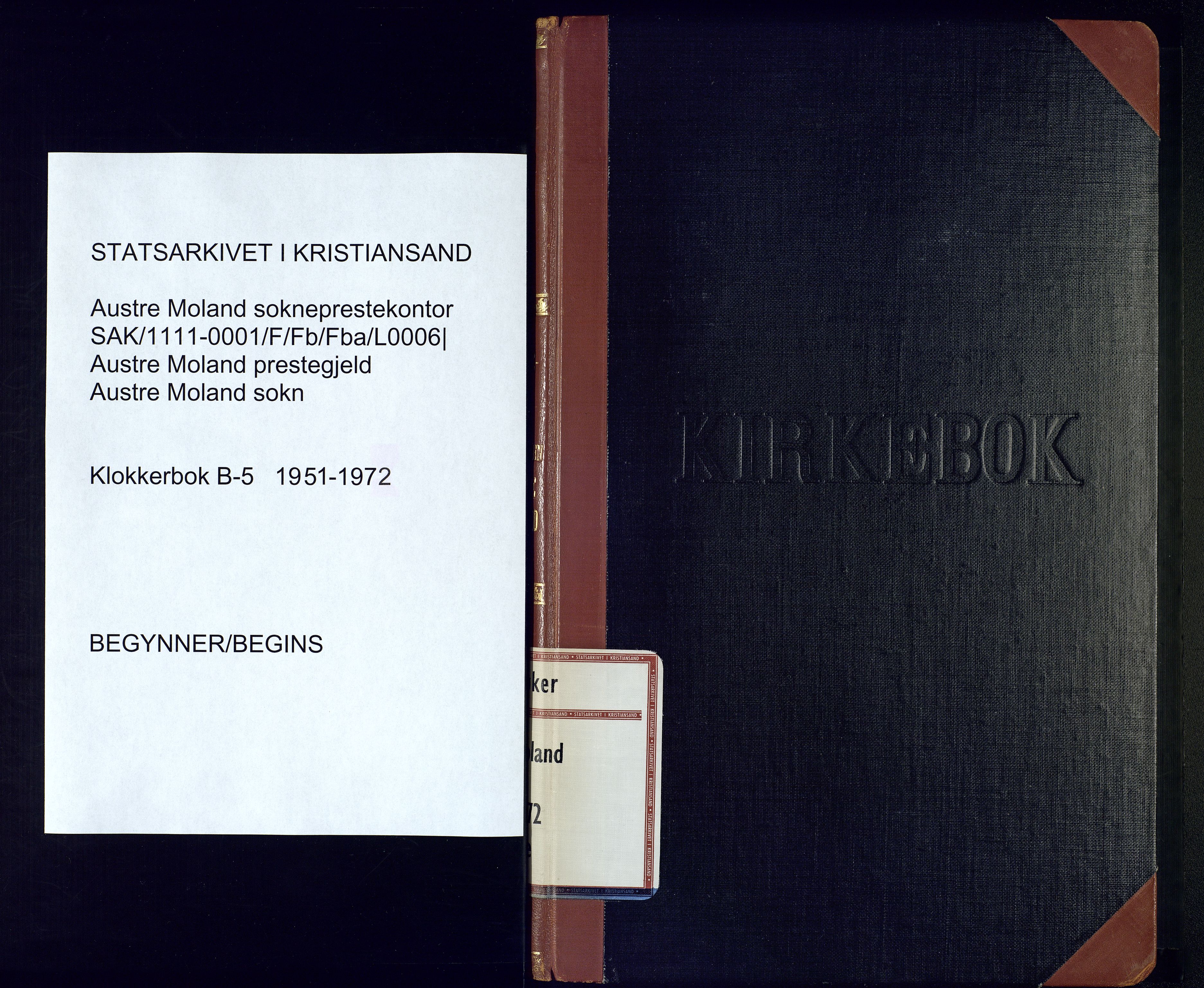 Austre Moland sokneprestkontor, AV/SAK-1111-0001/F/Fb/Fba/L0006: Klokkerbok nr. B-5, 1951-1972
