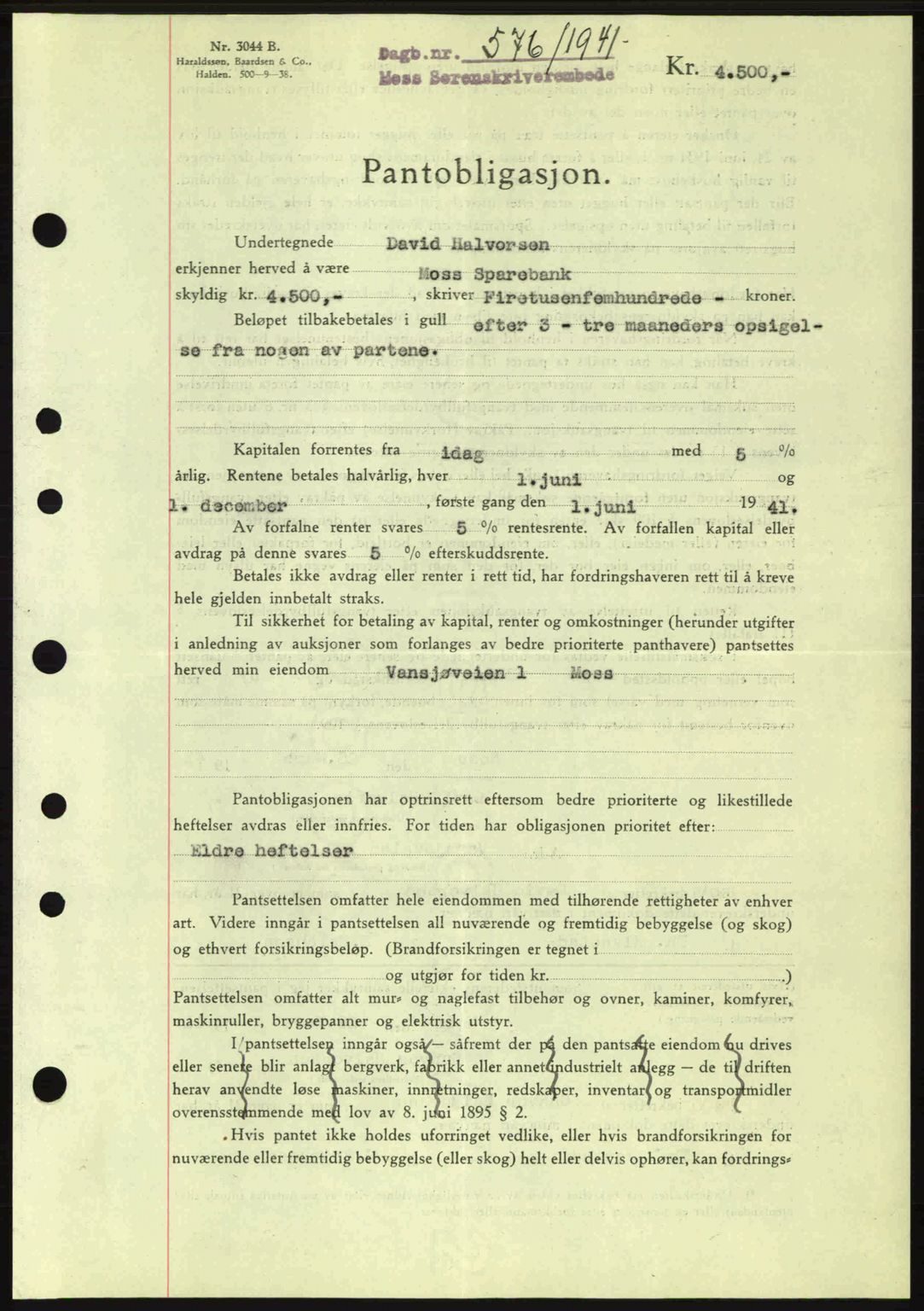 Moss sorenskriveri, SAO/A-10168: Pantebok nr. B10, 1940-1941, Dagboknr: 576/1941