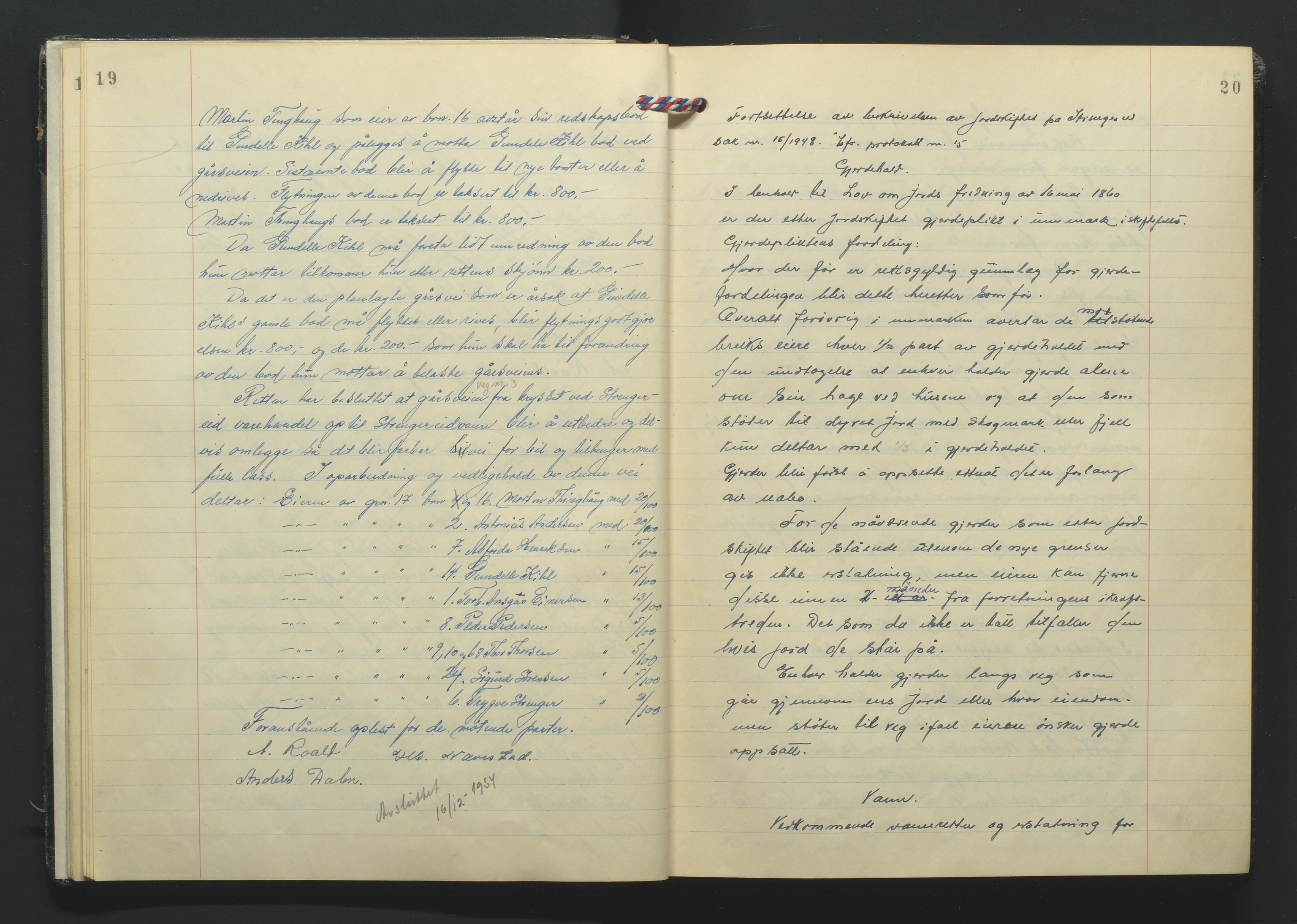 Nedenes jordskifterett, AV/SAK-1541-0007/F/Fa/Faa/L0003: Jordskifteprotokoll med gårdsregister, Holt domssokn nr 16, 1954-1959, s. 19-20