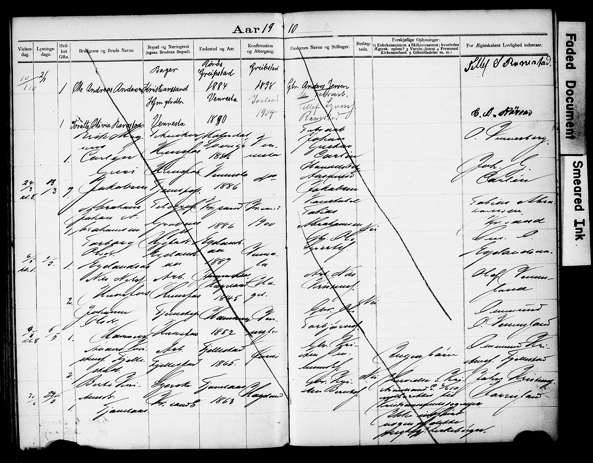 Vennesla sokneprestkontor, AV/SAK-1111-0045/J/L0032/0004: Lysningsprotokoll nr. II 5 2, 1892-1917, s. 61