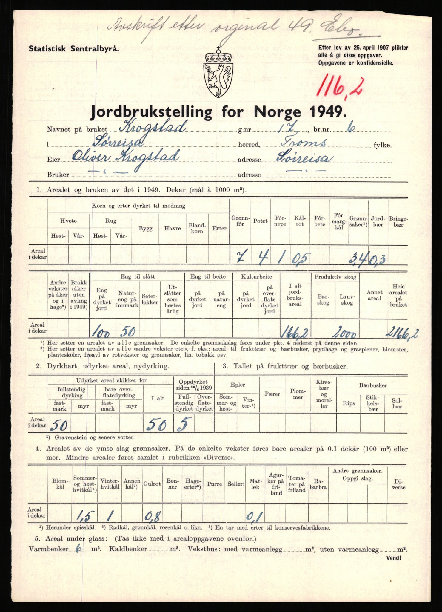 Statistisk sentralbyrå, Næringsøkonomiske emner, Jordbruk, skogbruk, jakt, fiske og fangst, AV/RA-S-2234/G/Gc/L0440: Troms: Sørreisa og Dyrøy, 1949, s. 862