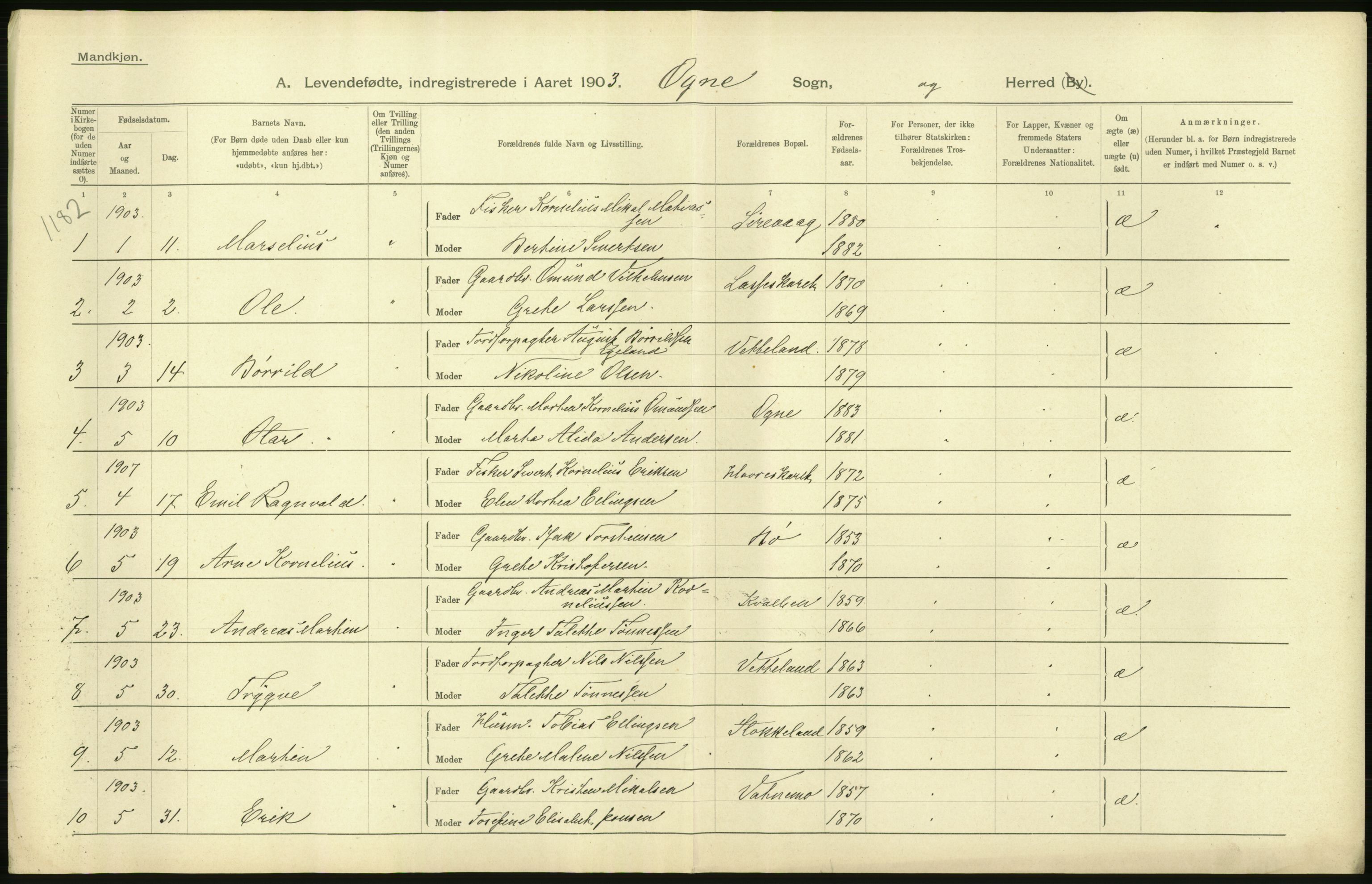 Statistisk sentralbyrå, Sosiodemografiske emner, Befolkning, AV/RA-S-2228/D/Df/Dfa/Dfaa/L0012: Stavanger amt: Fødte, gifte, døde, 1903, s. 58