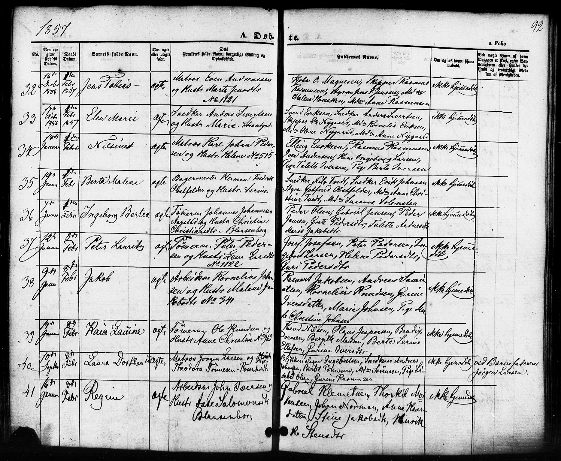 Domkirken sokneprestkontor, AV/SAST-A-101812/001/30/30BB/L0010: Klokkerbok nr. B 10, 1855-1860, s. 92