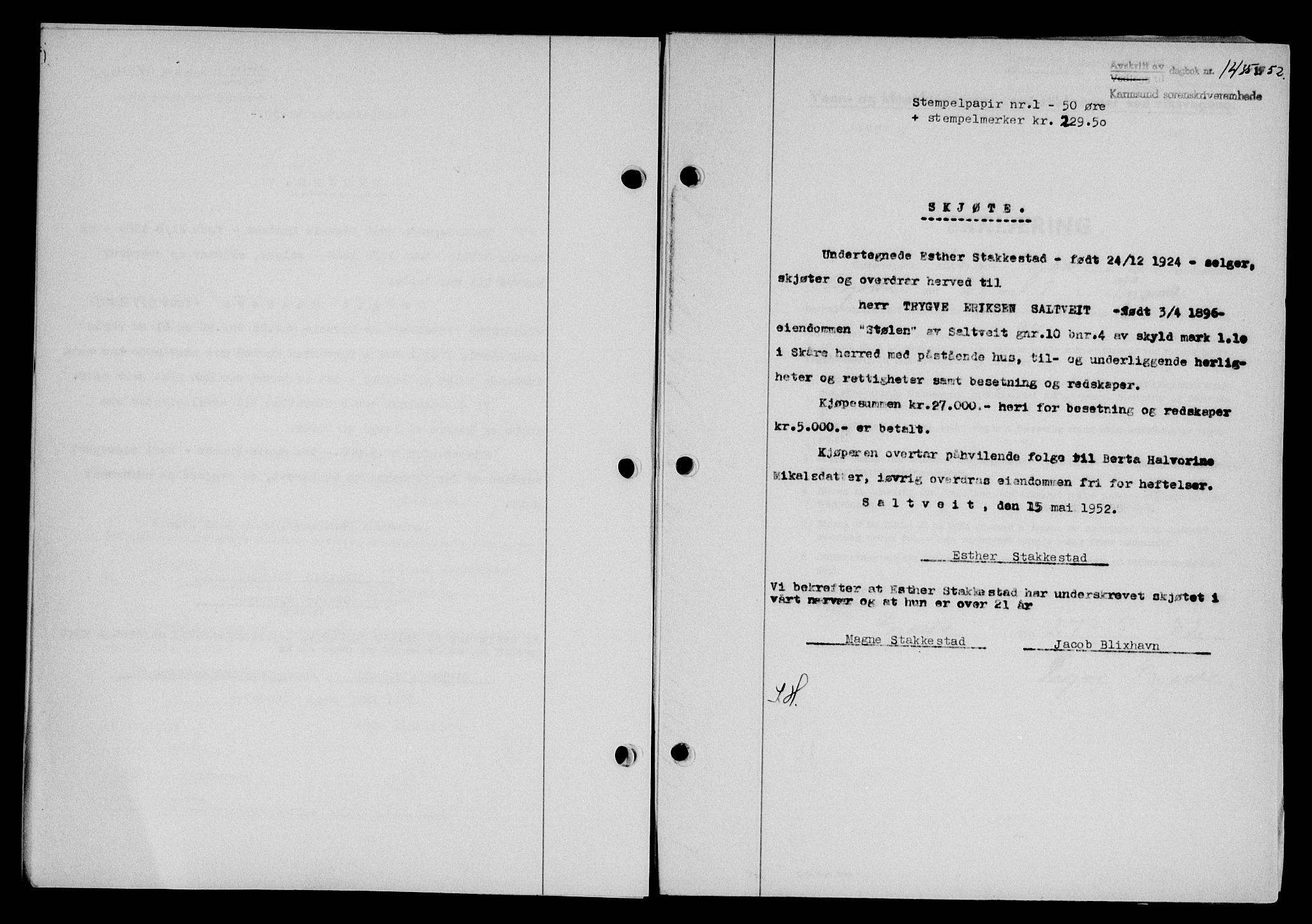 Karmsund sorenskriveri, SAST/A-100311/01/II/IIB/L0105: Pantebok nr. 85A, 1952-1952, Dagboknr: 1435/1952