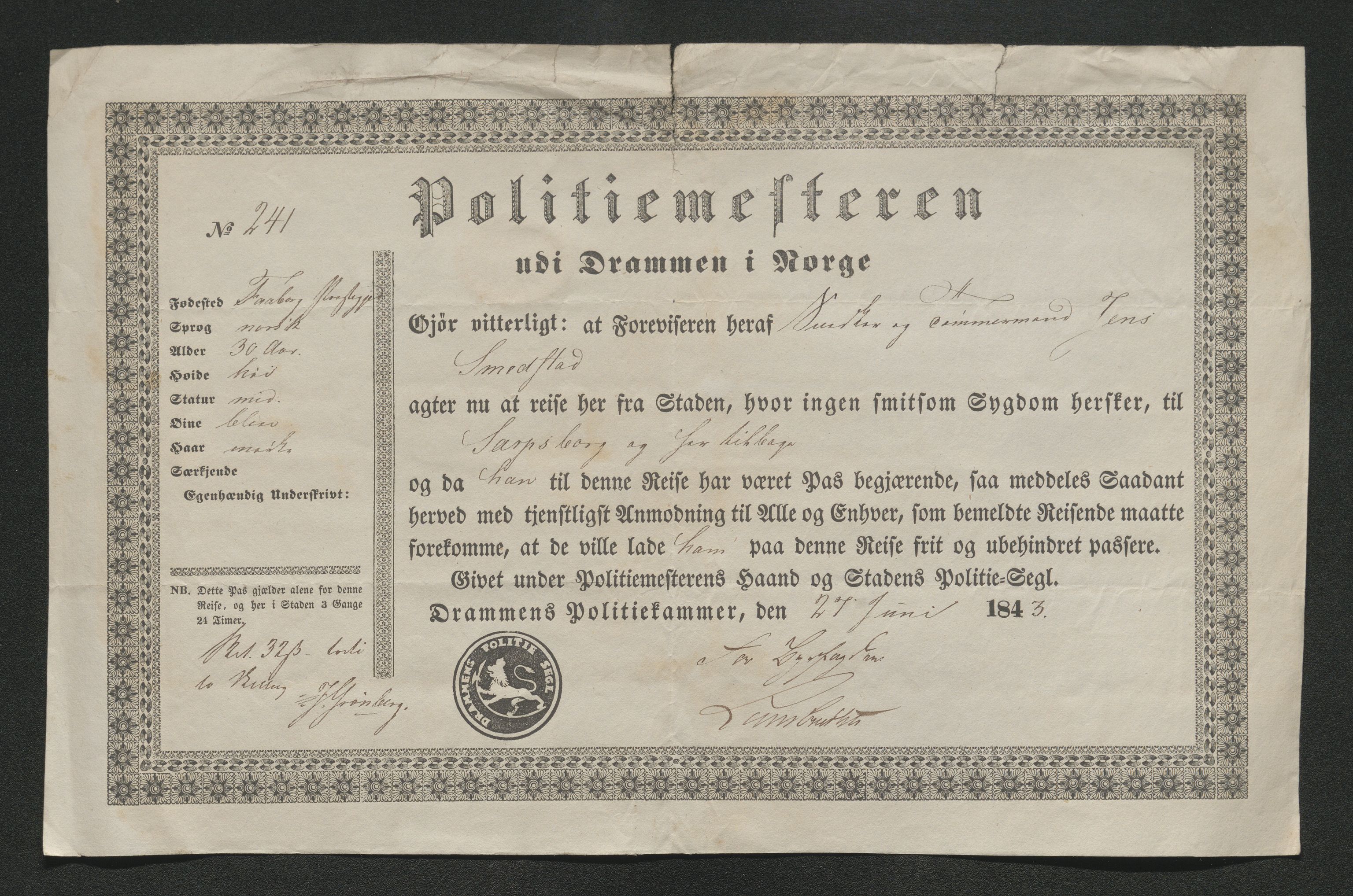 Drammen politikammer, AV/SAKO-A-623/I/Ia/Iab/L0007: Innleverte pass, 1843-1844, s. 202