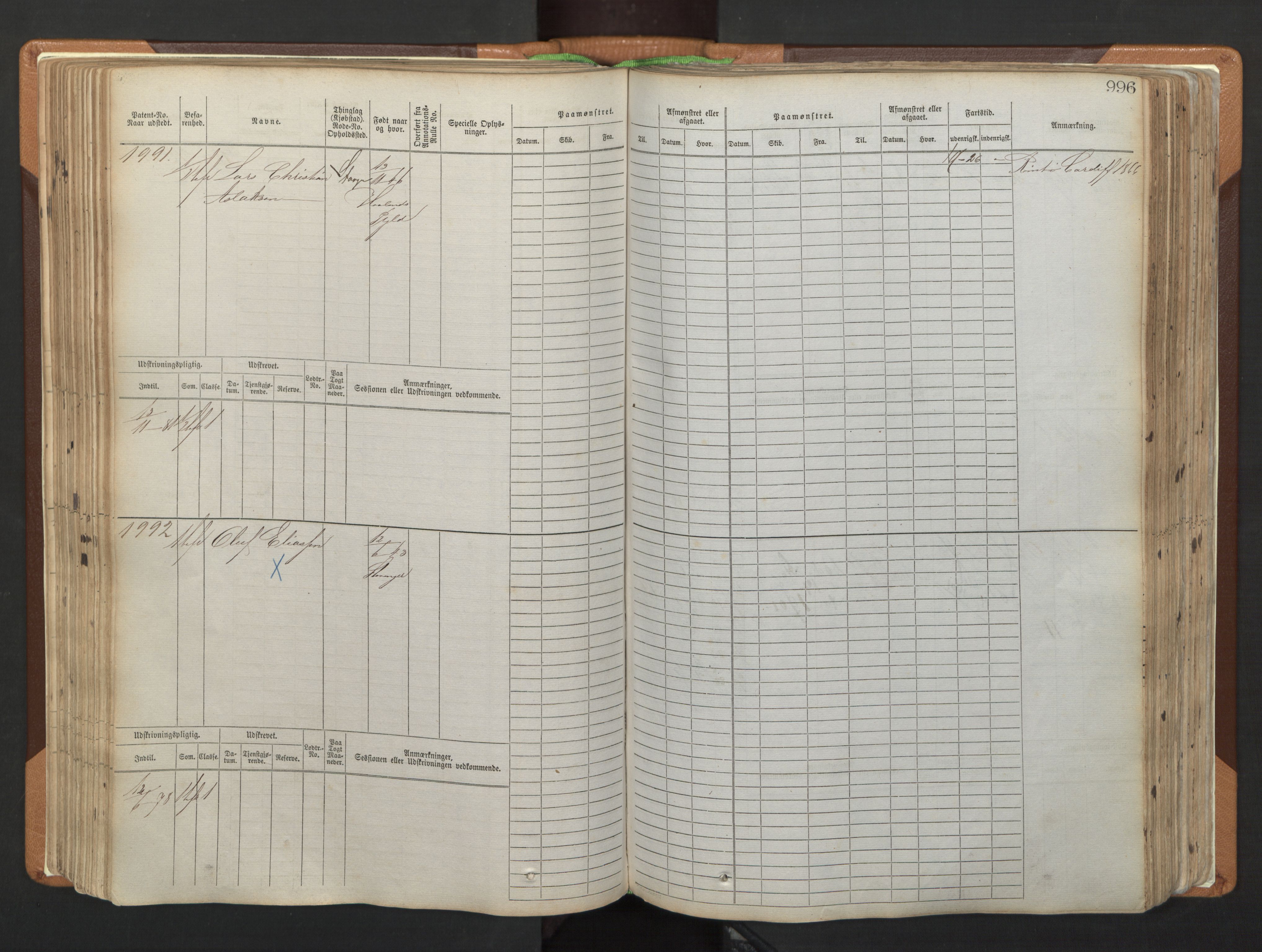 Stavanger sjømannskontor, AV/SAST-A-102006/F/Fb/Fbb/L0006: Sjøfartshovedrulle, patentnr. 1607-2402 (del 3), 1869-1880, s. 196