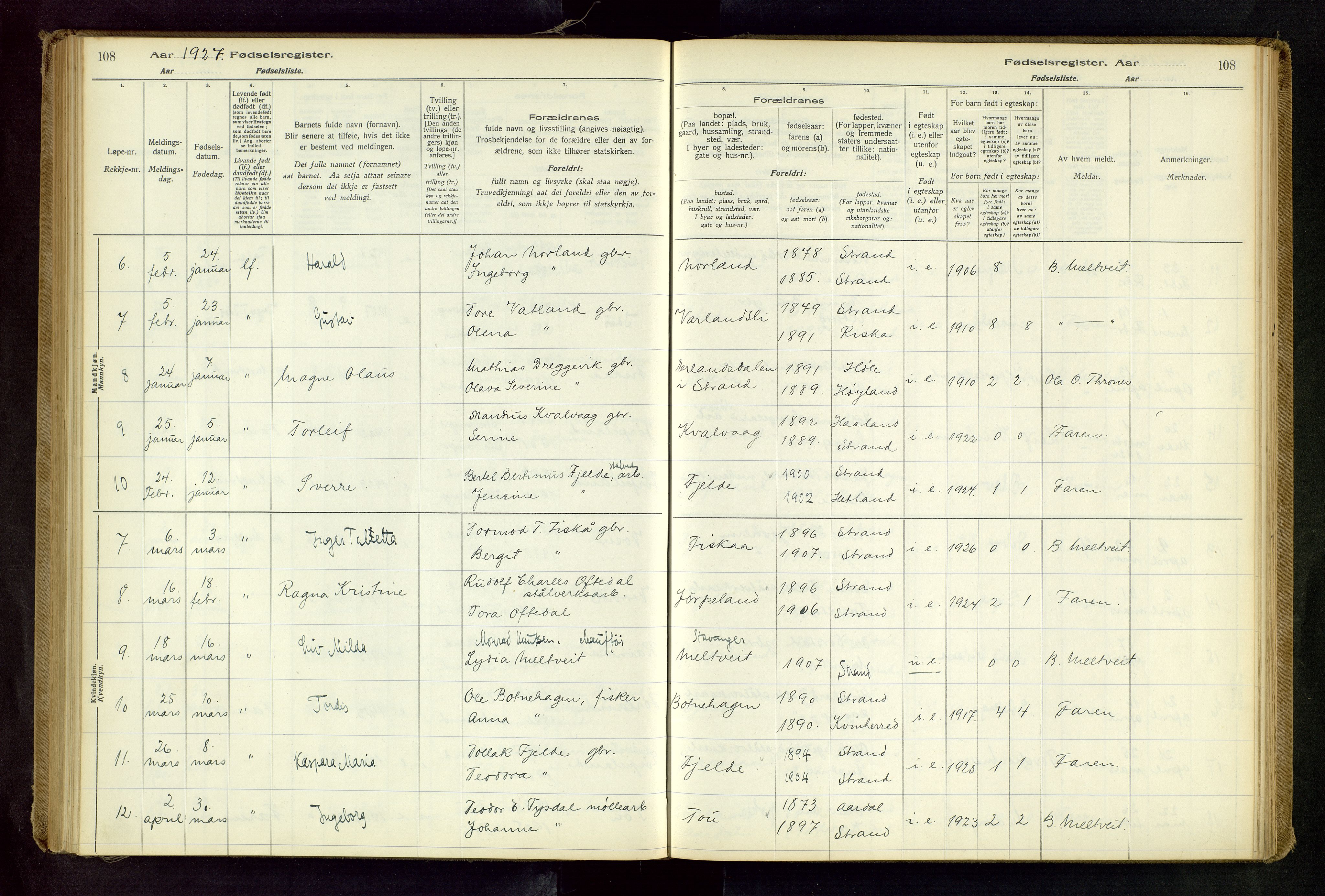 Strand sokneprestkontor, SAST/A-101828/I/Id/L0001: Fødselsregister nr. 1, 1916-1938, s. 108