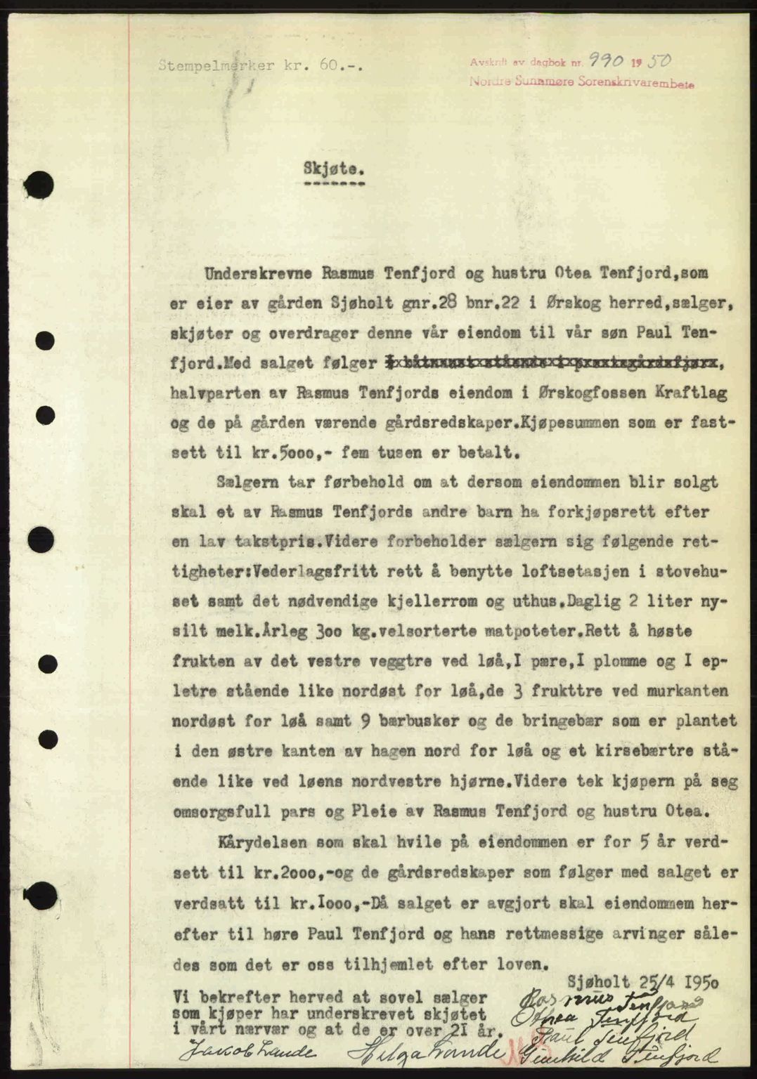 Nordre Sunnmøre sorenskriveri, SAT/A-0006/1/2/2C/2Ca: Pantebok nr. A34, 1950-1950, Dagboknr: 990/1950