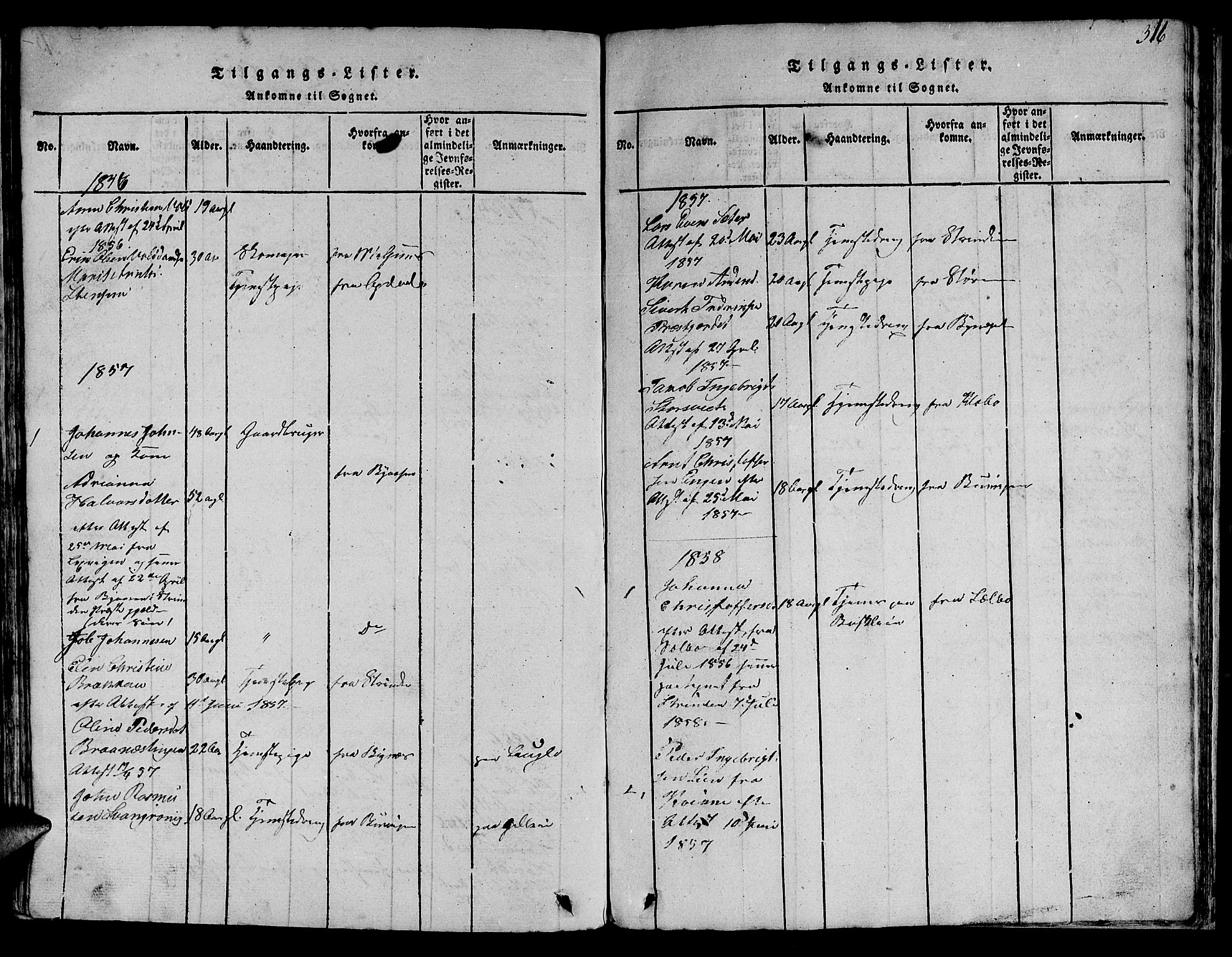 Ministerialprotokoller, klokkerbøker og fødselsregistre - Sør-Trøndelag, SAT/A-1456/613/L0393: Klokkerbok nr. 613C01, 1816-1886, s. 316