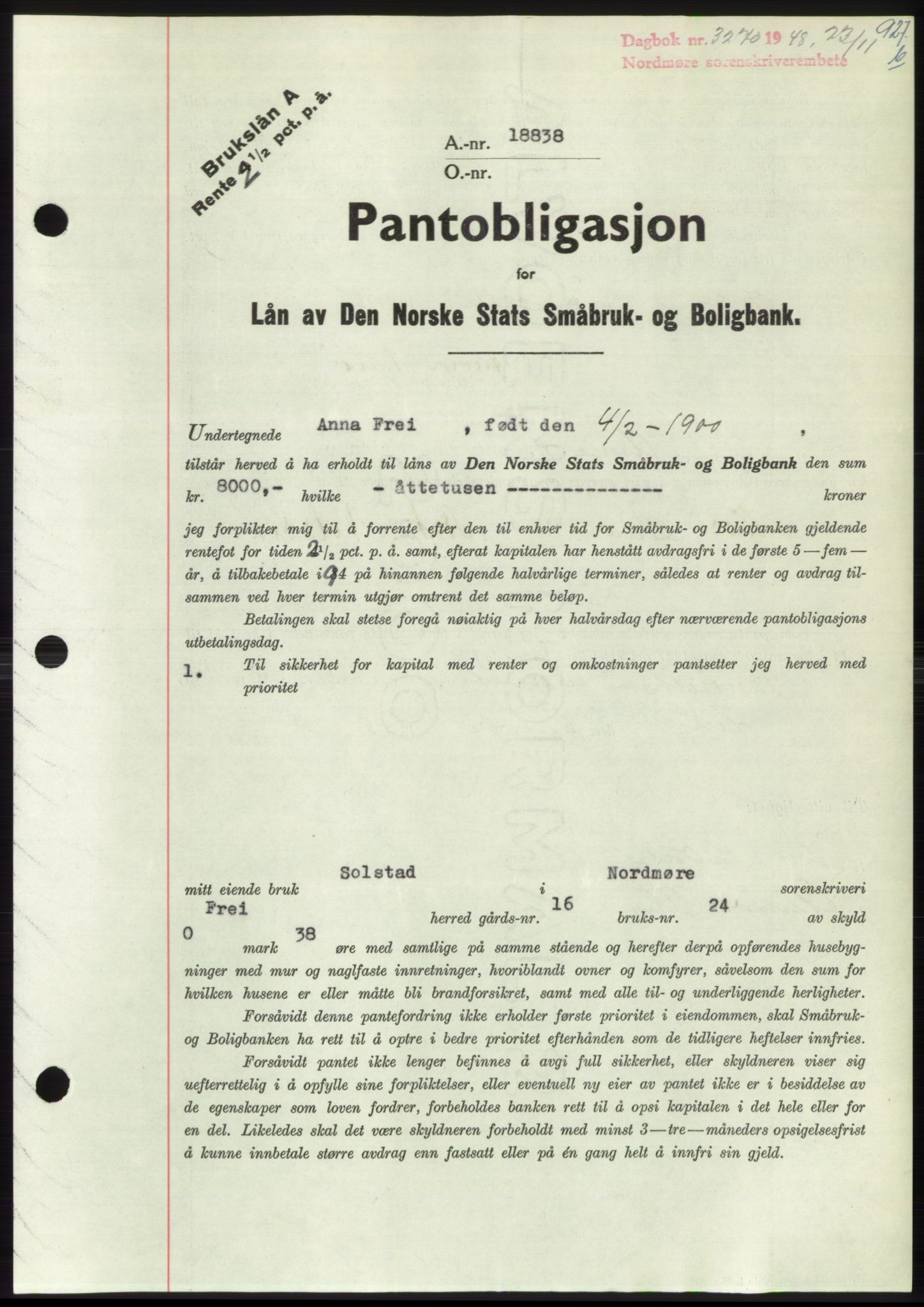 Nordmøre sorenskriveri, SAT/A-4132/1/2/2Ca: Pantebok nr. B100, 1948-1949, Dagboknr: 3270/1948