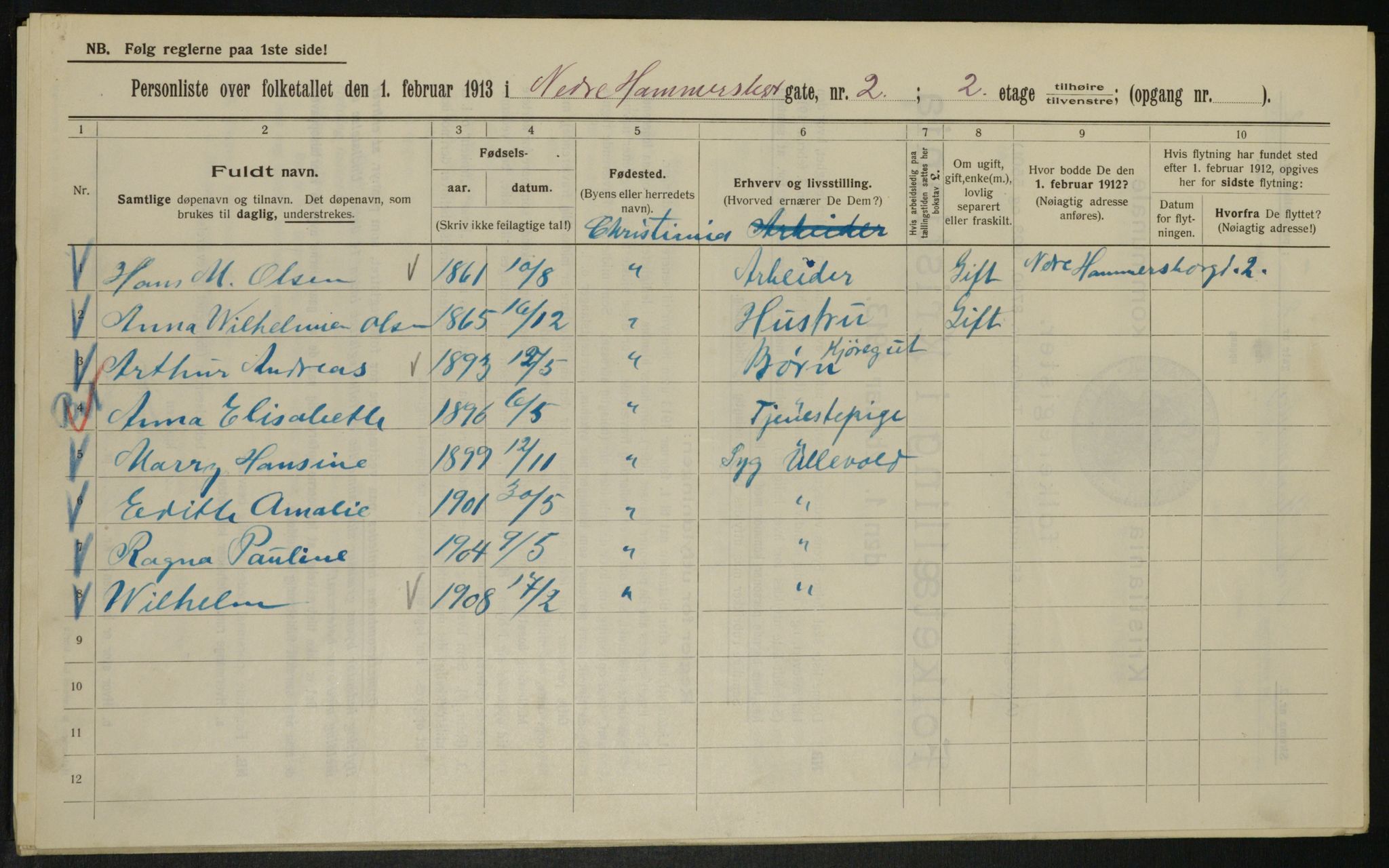 OBA, Kommunal folketelling 1.2.1913 for Kristiania, 1913, s. 69161