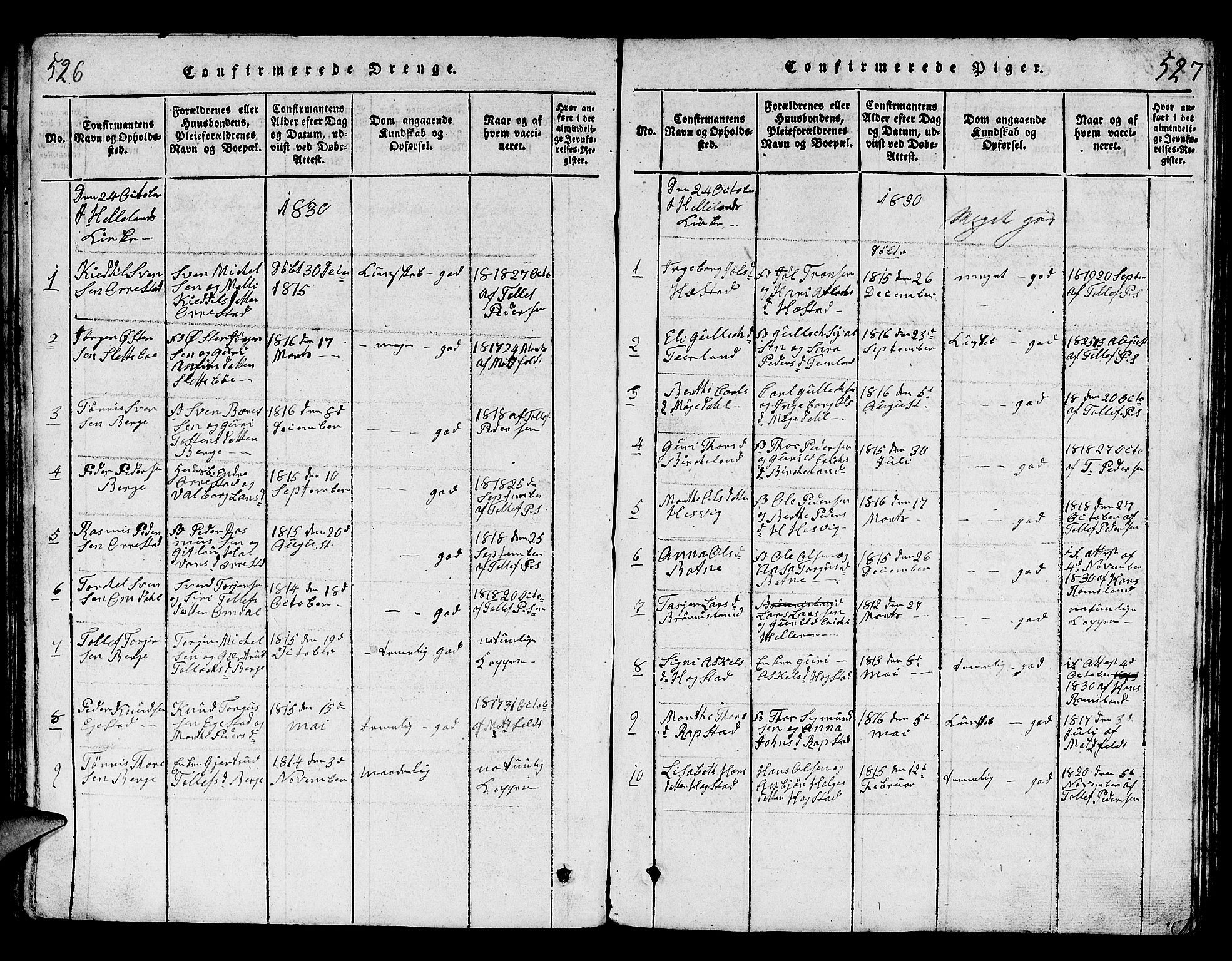 Helleland sokneprestkontor, AV/SAST-A-101810: Klokkerbok nr. B 1, 1815-1841, s. 526-527