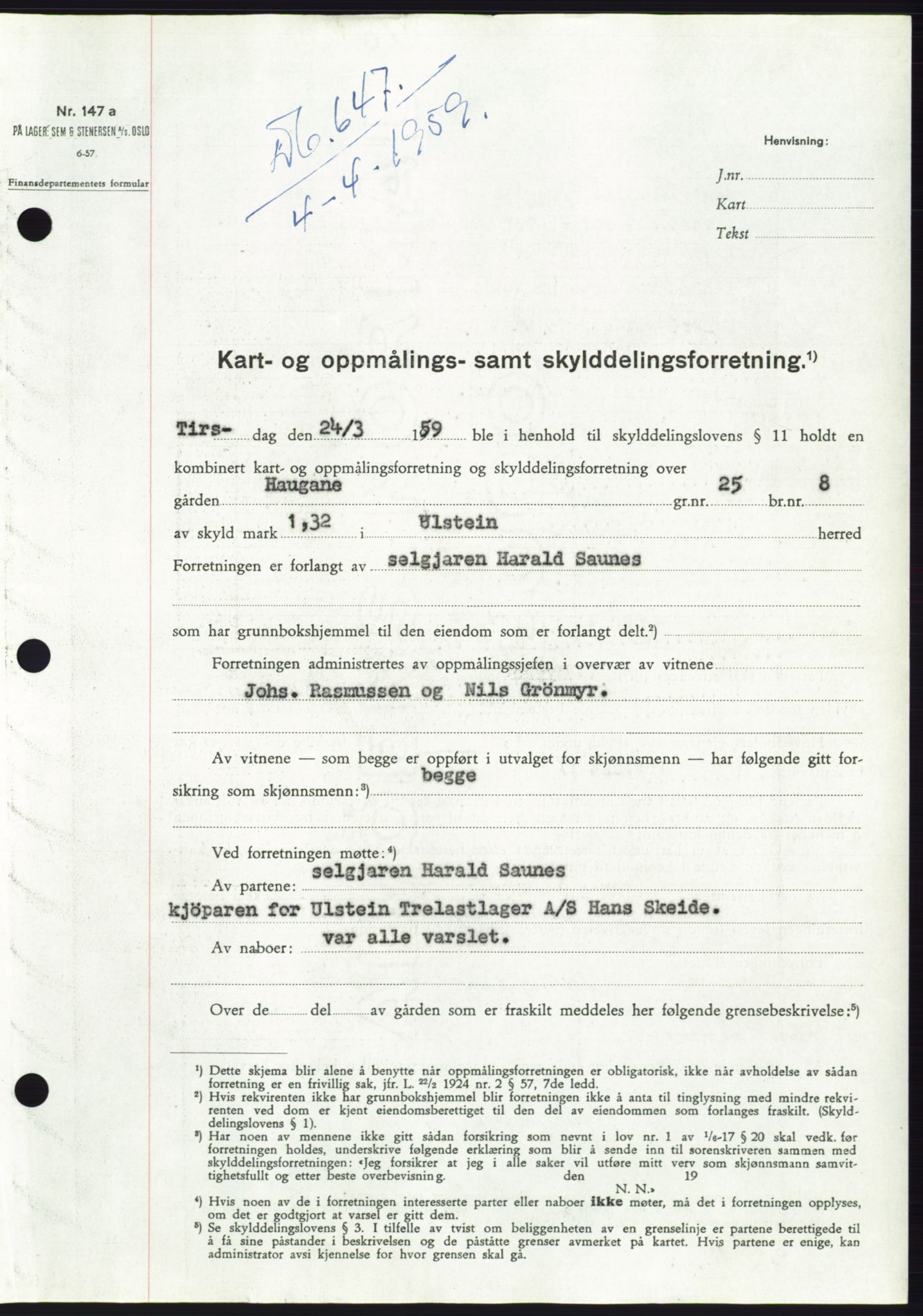 Søre Sunnmøre sorenskriveri, SAT/A-4122/1/2/2C/L0112: Pantebok nr. 38A, 1959-1959, Dagboknr: 647/1959