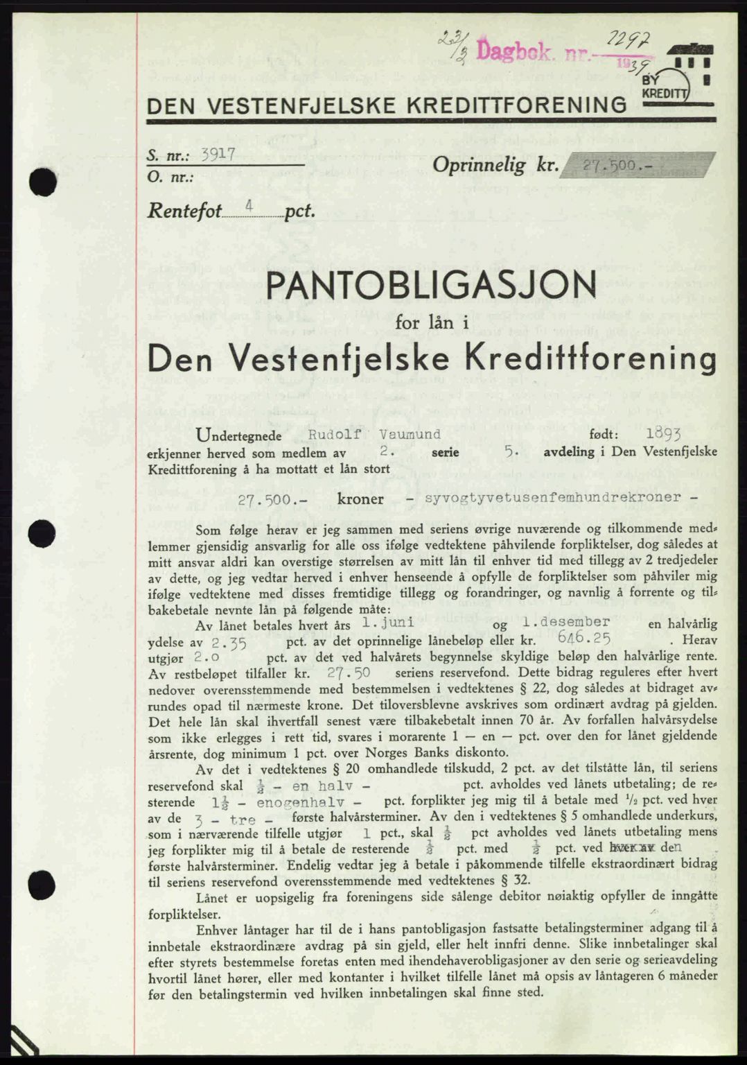 Byfogd og Byskriver i Bergen, SAB/A-3401/03/03Bd/L0001: Pantebok nr. B1-25, 1936-1945, Dagboknr: 2297/1939