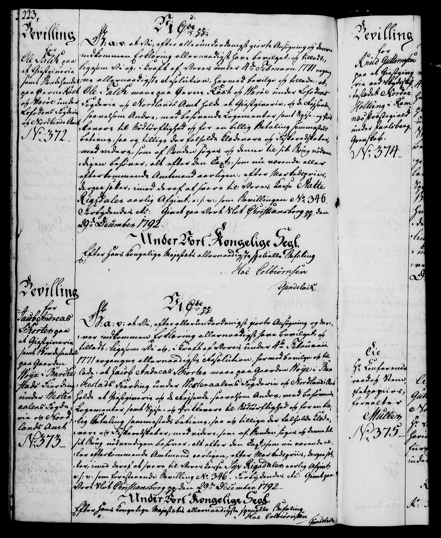 Rentekammeret, Kammerkanselliet, RA/EA-3111/G/Gg/Gga/L0015: Norsk ekspedisjonsprotokoll med register (merket RK 53.15), 1790-1791, s. 223