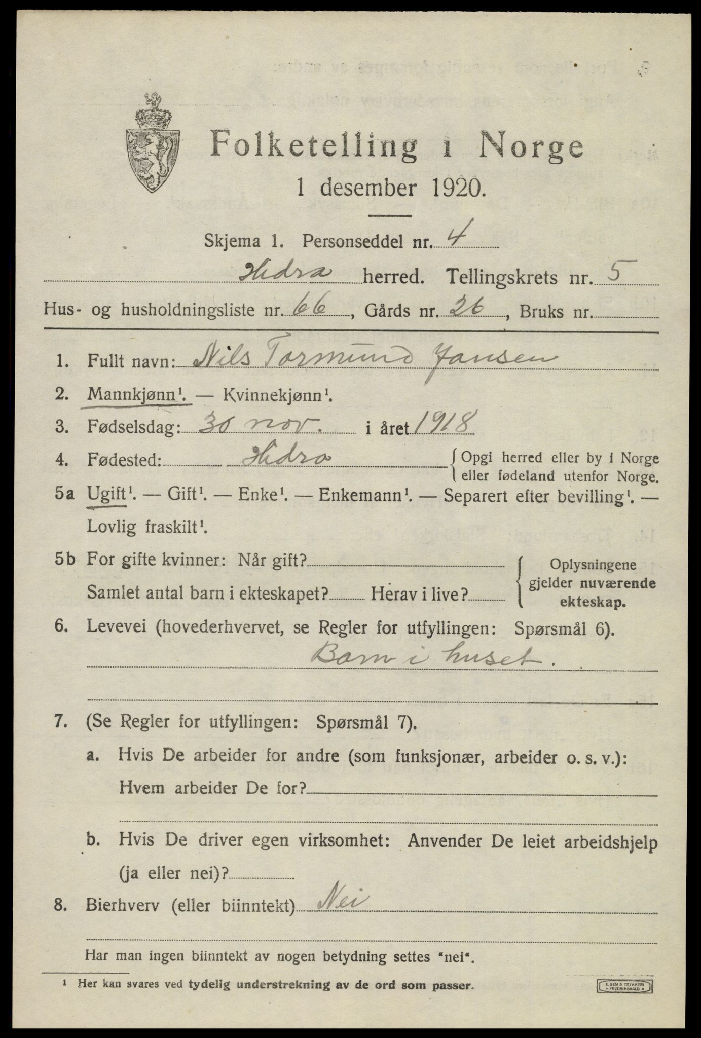 SAK, Folketelling 1920 for 1042 Hidra herred, 1920, s. 4086