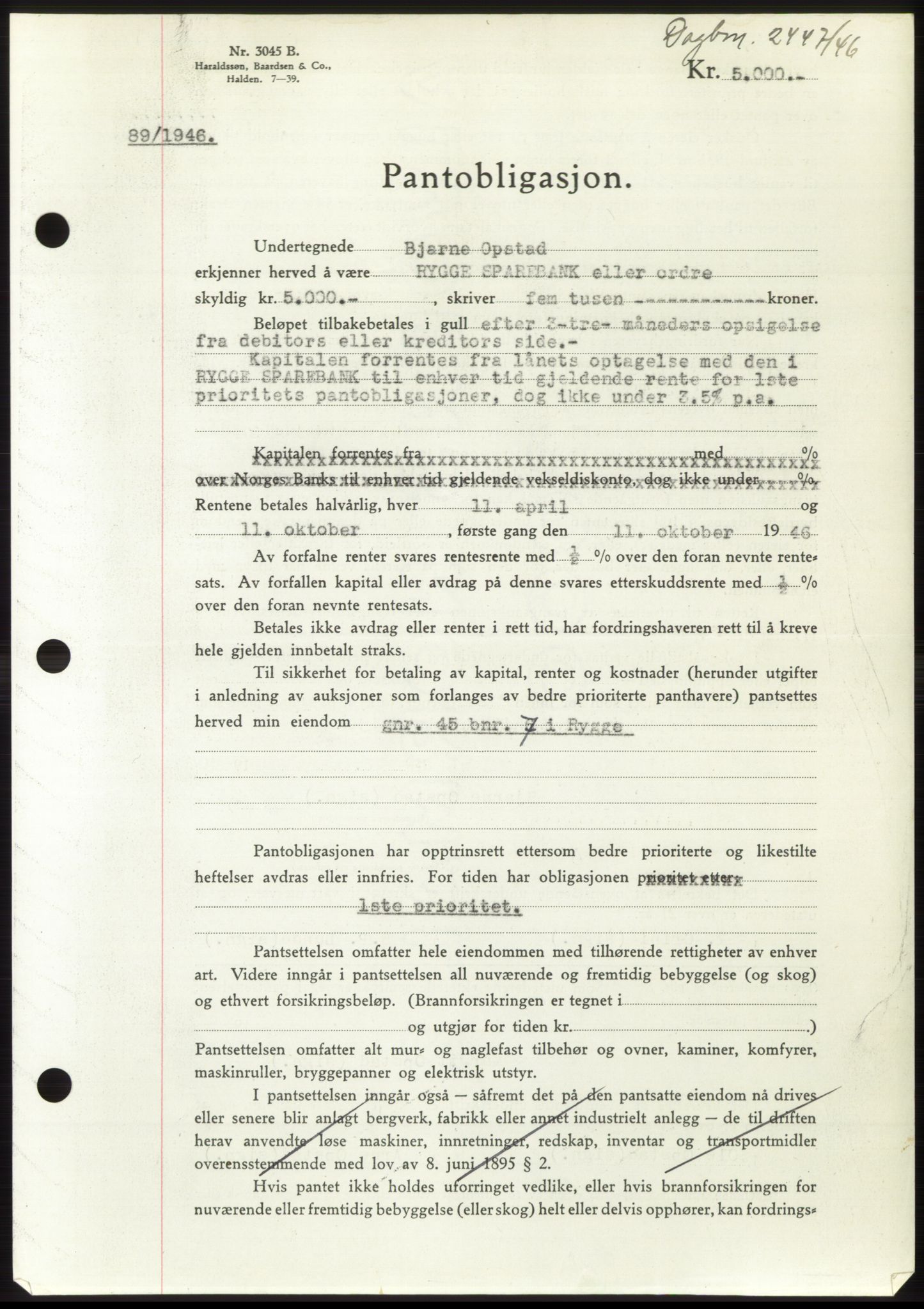 Moss sorenskriveri, SAO/A-10168: Pantebok nr. B16, 1946-1947, Dagboknr: 2447/1946