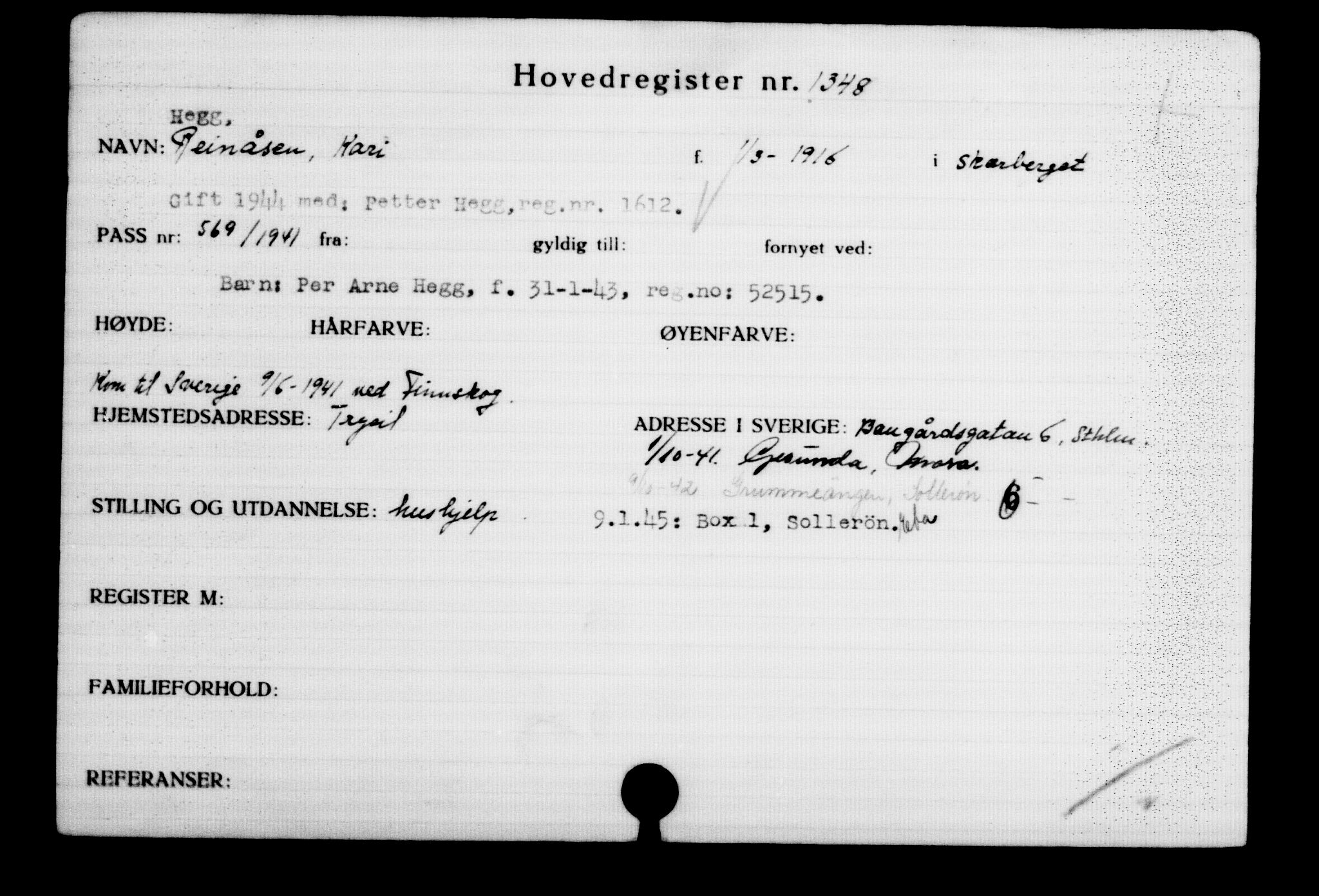 Utenriksstasjonene, Legasjonen i Stockholm, Flyktningkontoret, AV/RA-S-6753/V/Va/L0002: Kjesäterkartoteket, flyktninger med registreringsnr. 1001-2000, 1940-1945, s. 507