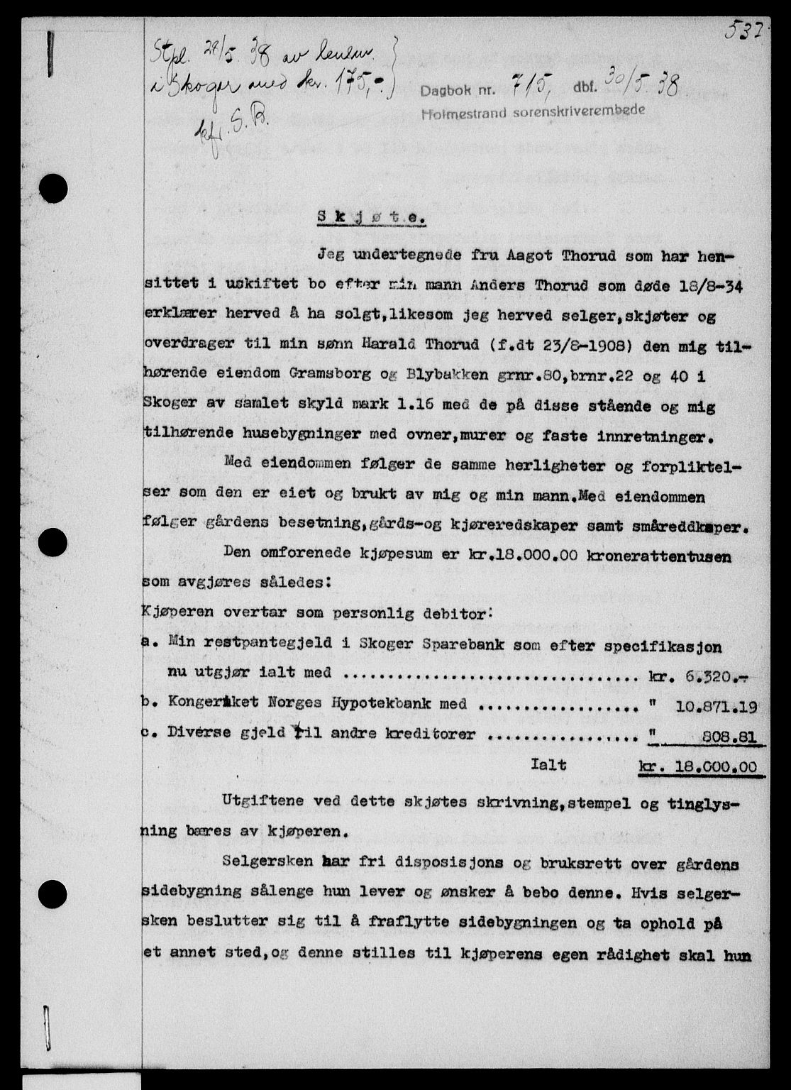 Holmestrand sorenskriveri, SAKO/A-67/G/Ga/Gaa/L0049: Pantebok nr. A-49, 1937-1938, Dagboknr: 715/1938