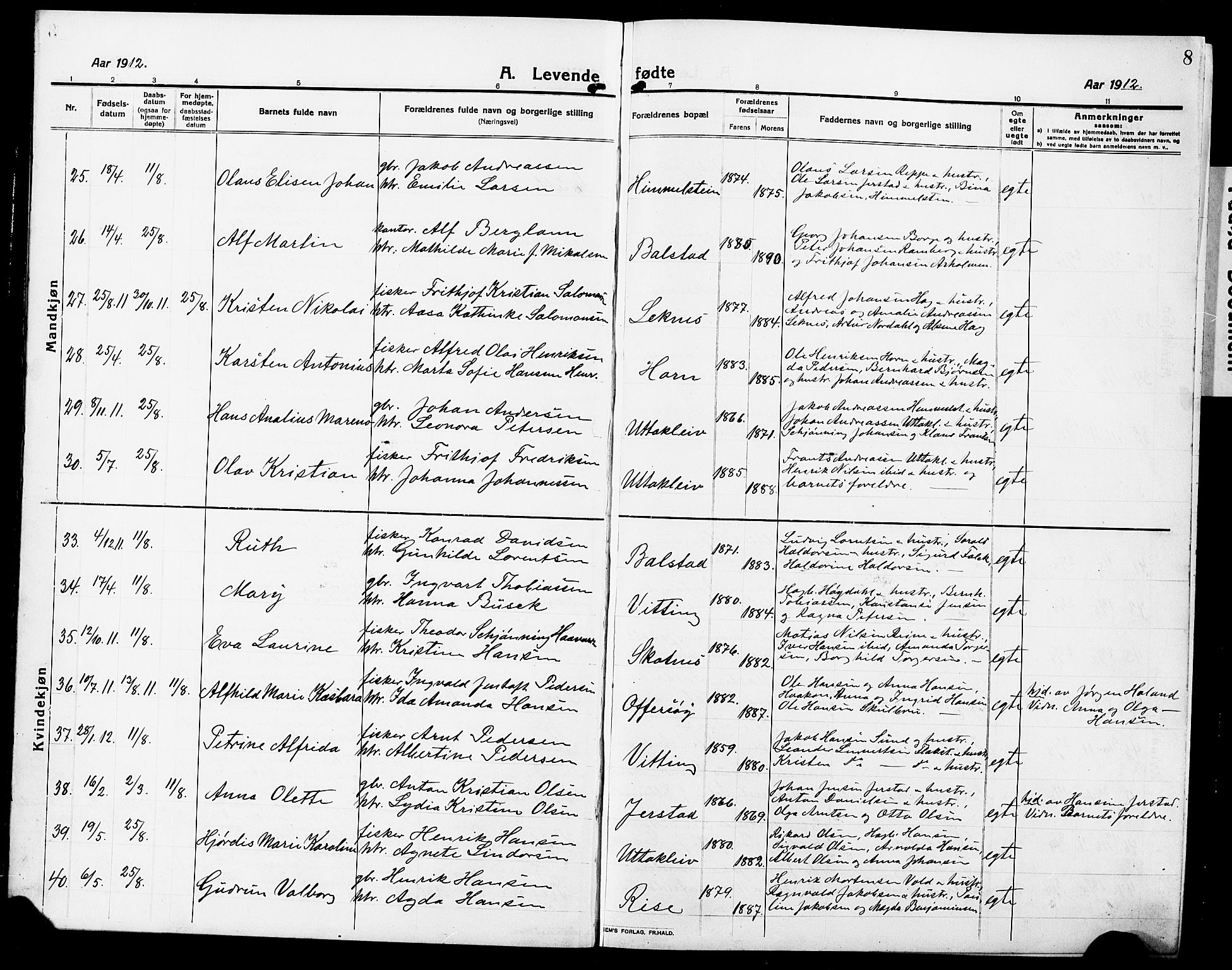 Ministerialprotokoller, klokkerbøker og fødselsregistre - Nordland, AV/SAT-A-1459/881/L1169: Klokkerbok nr. 881C06, 1912-1930, s. 8