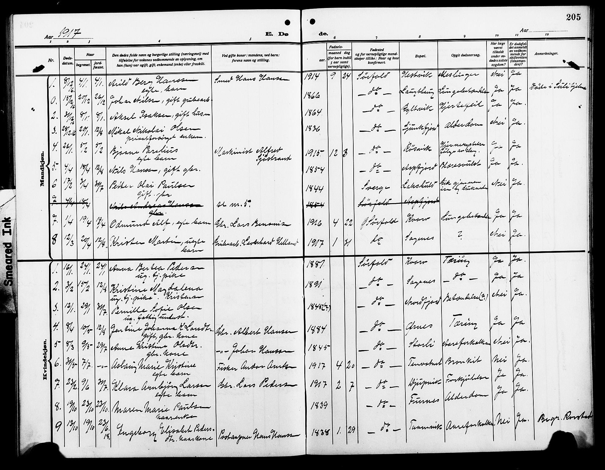 Ministerialprotokoller, klokkerbøker og fødselsregistre - Nordland, SAT/A-1459/854/L0787: Klokkerbok nr. 854C03, 1913-1926, s. 205