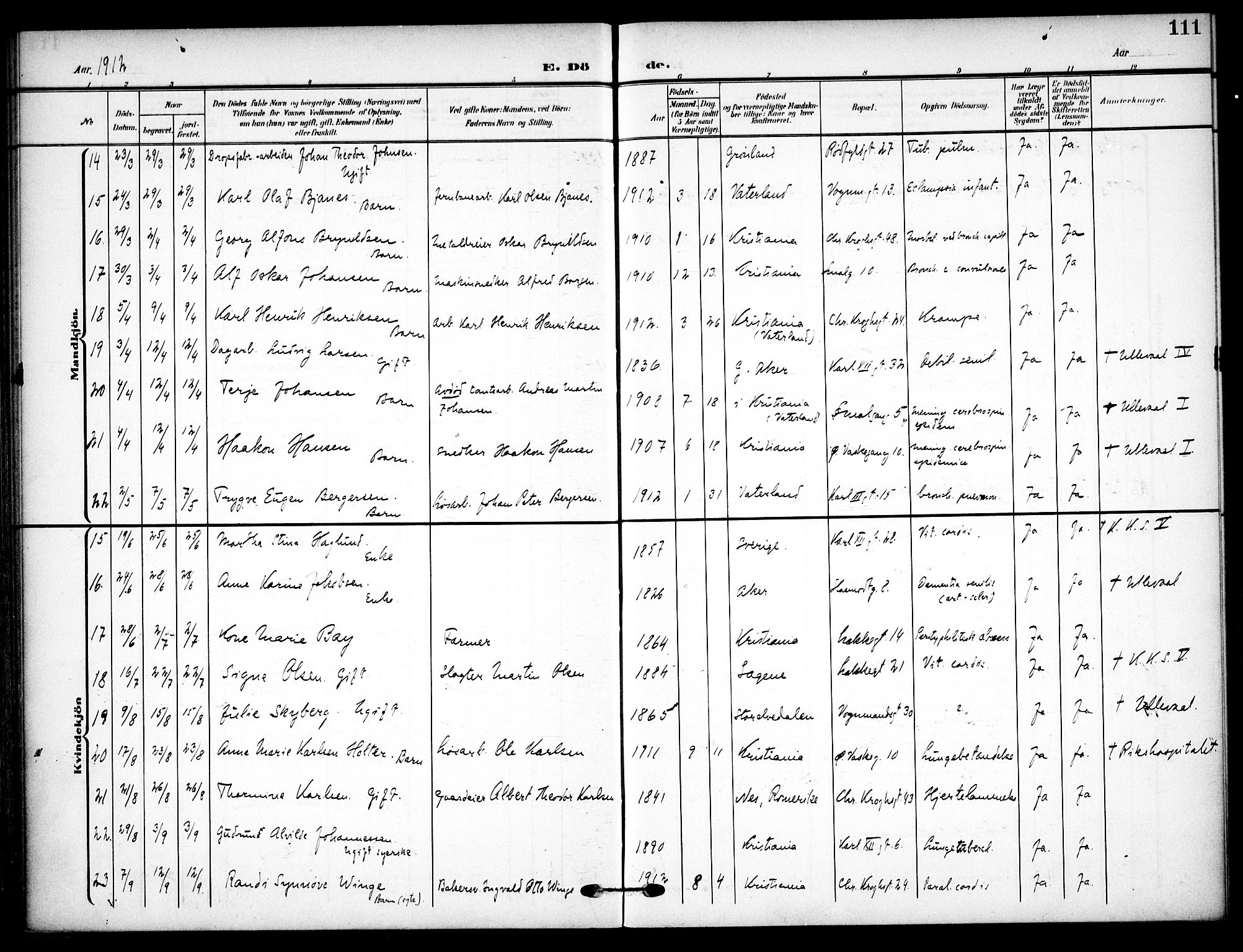 Vaterland prestekontor Kirkebøker, AV/SAO-A-10880/F/Fa/L0002: Ministerialbok nr. 2, 1907-1921, s. 111