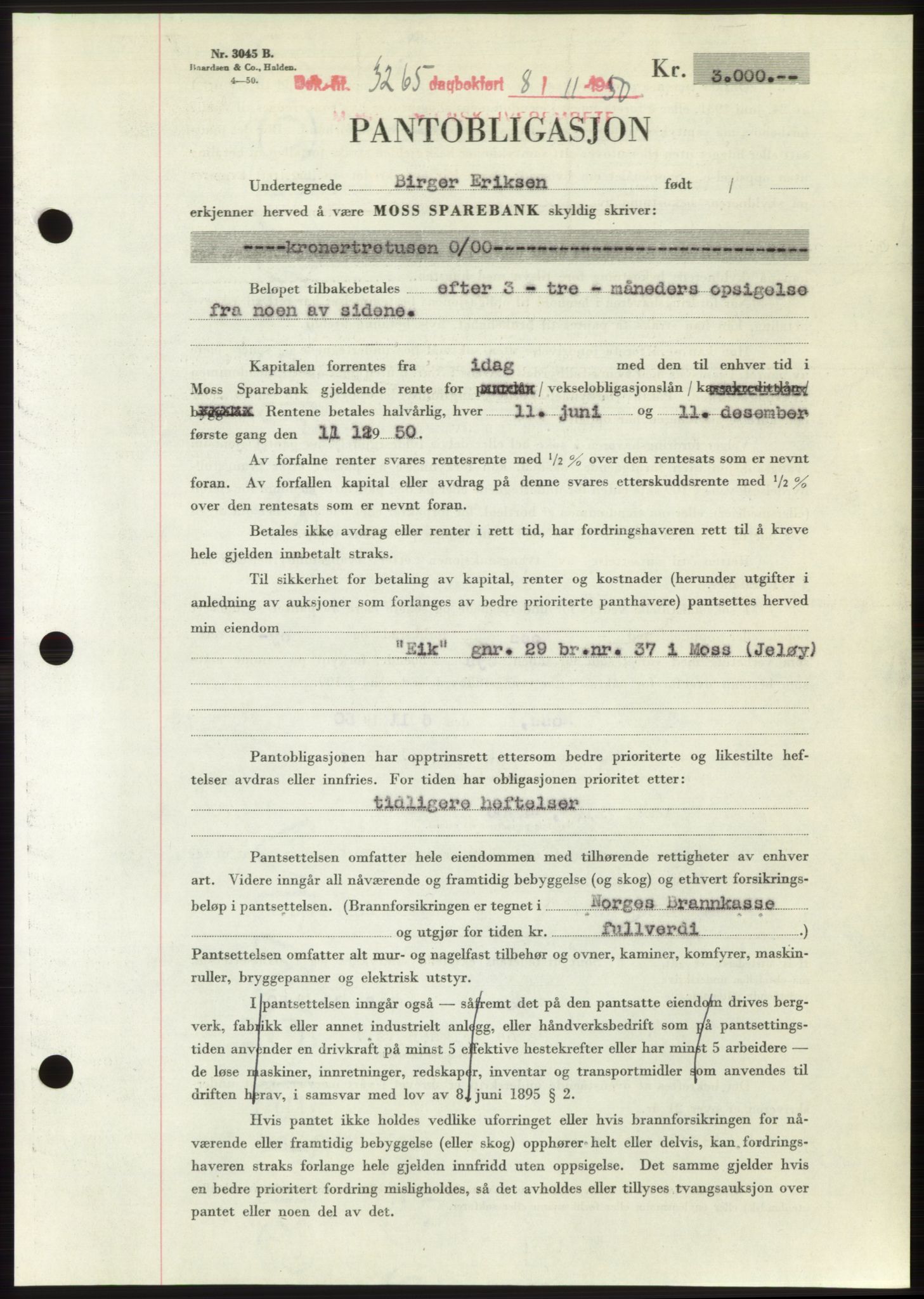 Moss sorenskriveri, SAO/A-10168: Pantebok nr. B25, 1950-1950, Dagboknr: 3265/1950