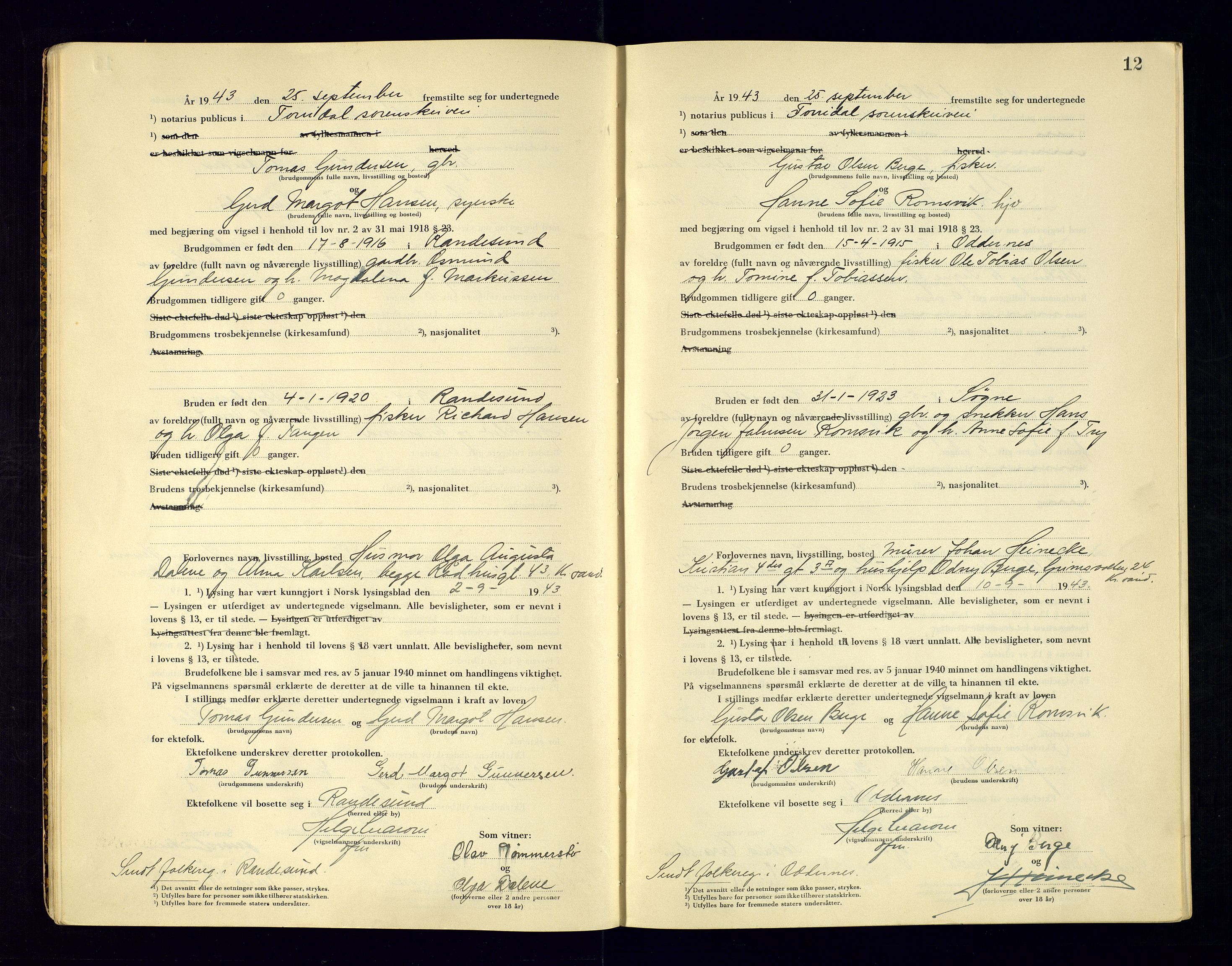 Torridal sorenskriveri, AV/SAK-1221-0012/L/Ld/L0004: Vigselbok nr. 2, 1943-1946, s. 12