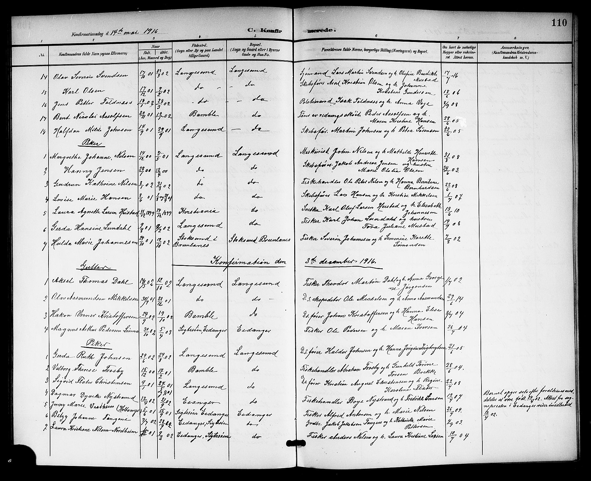 Langesund kirkebøker, AV/SAKO-A-280/G/Ga/L0006: Klokkerbok nr. 6, 1899-1918, s. 110