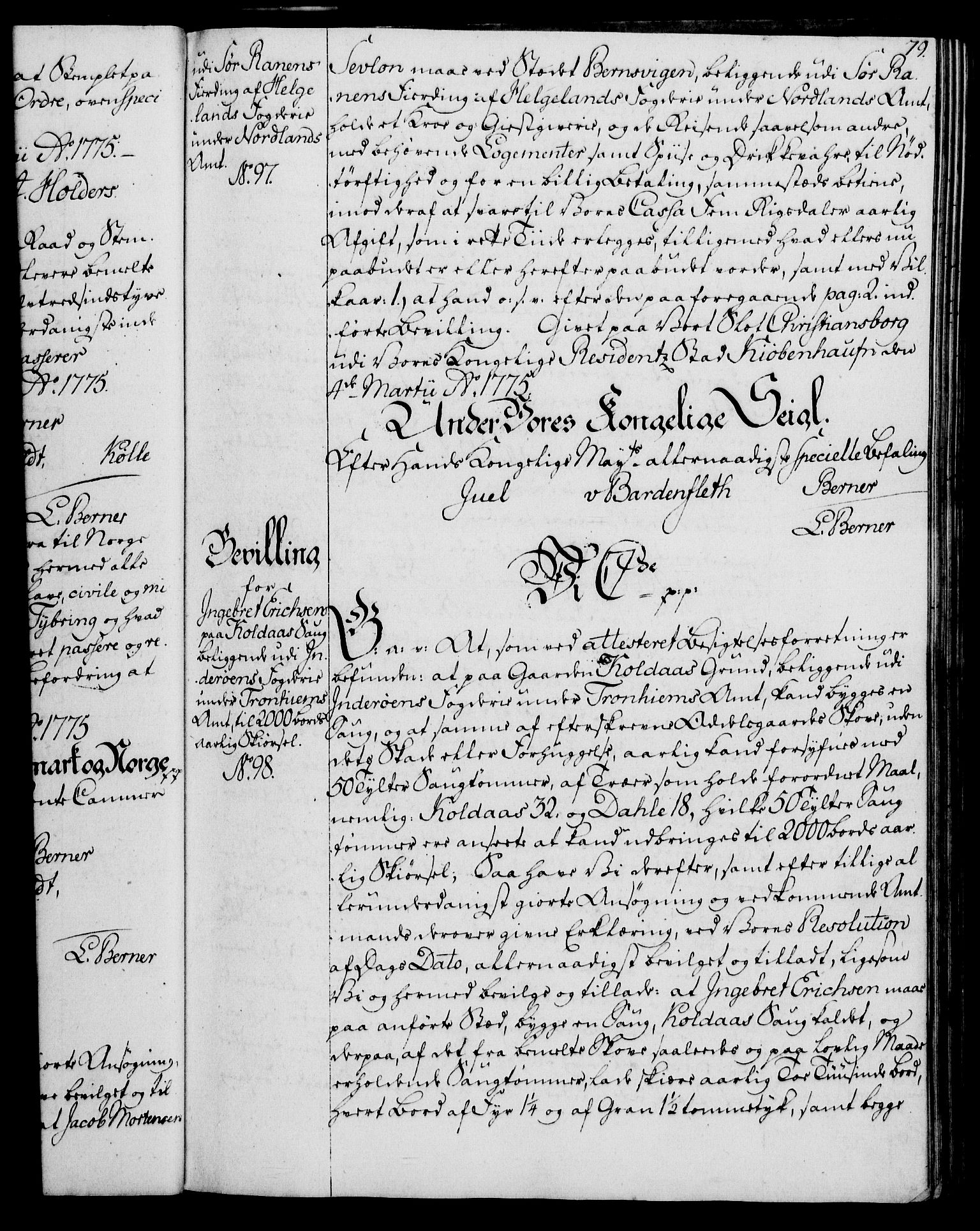 Rentekammeret, Kammerkanselliet, AV/RA-EA-3111/G/Gg/Gga/L0010: Norsk ekspedisjonsprotokoll med register (merket RK 53.10), 1773-1778, s. 79