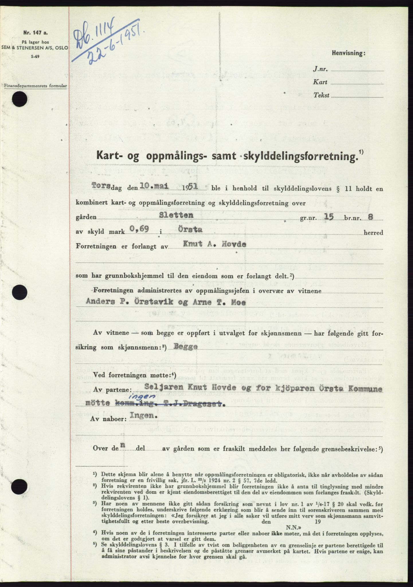 Søre Sunnmøre sorenskriveri, SAT/A-4122/1/2/2C/L0089: Pantebok nr. 15A, 1951-1951, Dagboknr: 1114/1951