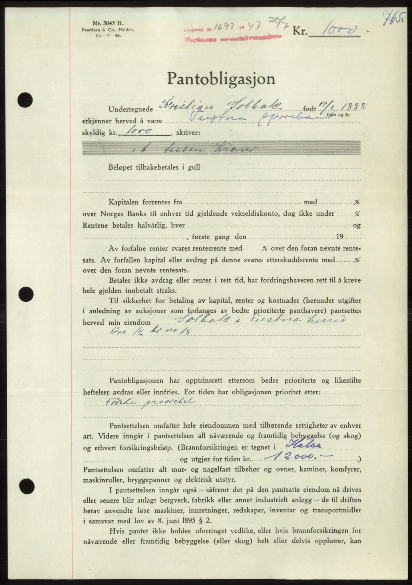 Nordmøre sorenskriveri, SAT/A-4132/1/2/2Ca: Pantebok nr. B96, 1947-1947, Dagboknr: 1693/1947