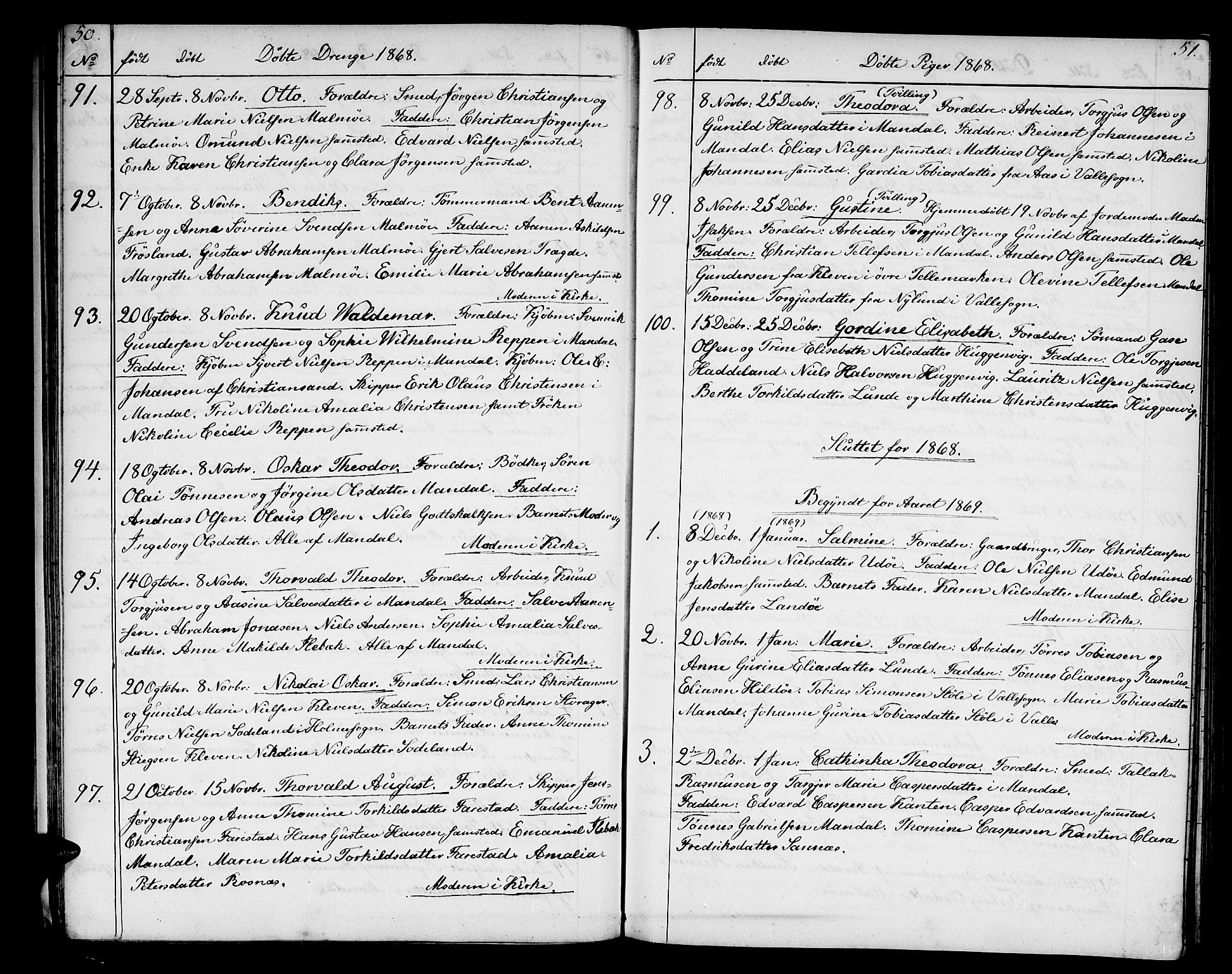 Mandal sokneprestkontor, AV/SAK-1111-0030/F/Fb/Fba/L0009: Klokkerbok nr. B 3, 1867-1877, s. 50-51