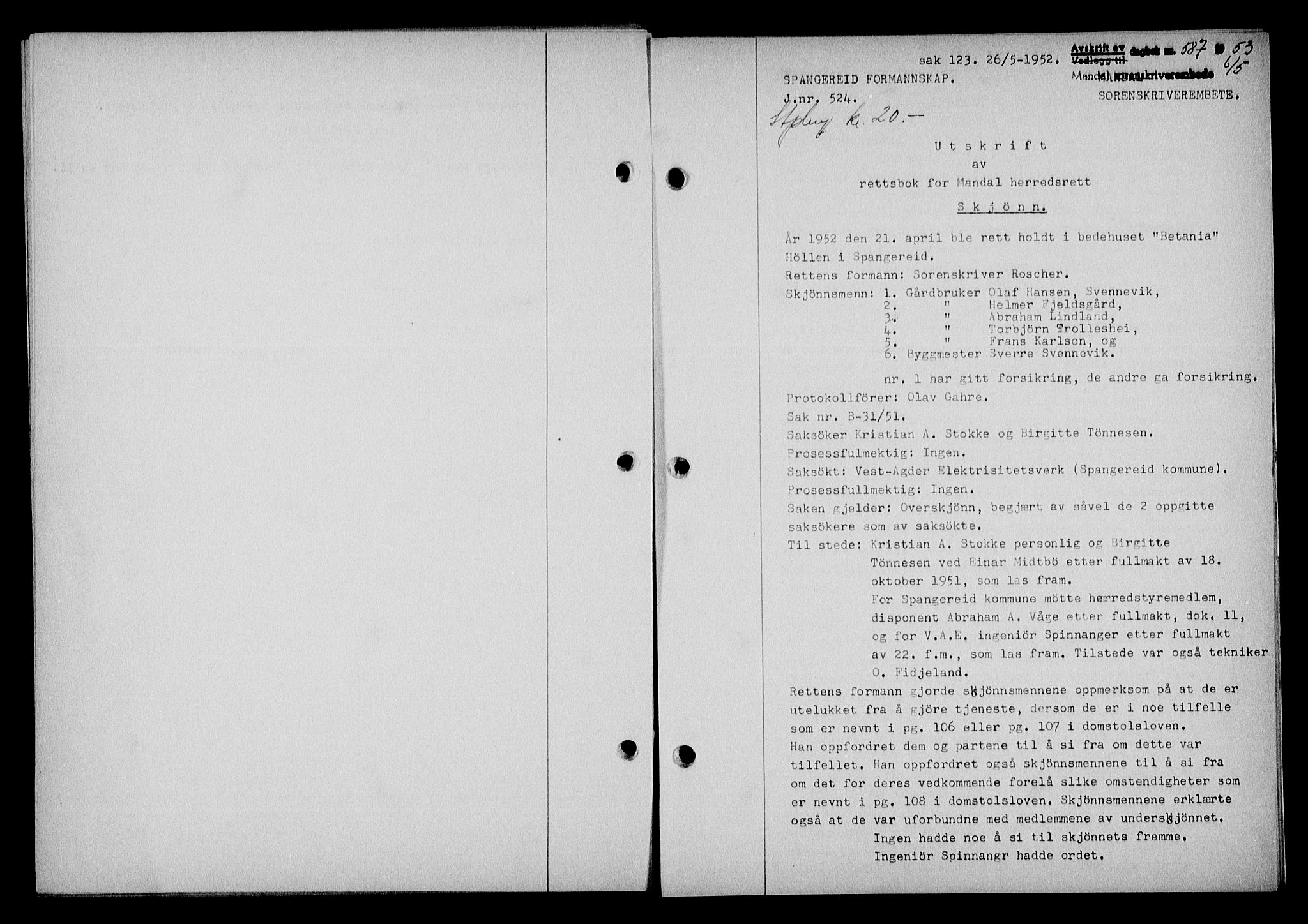 Mandal sorenskriveri, SAK/1221-0005/001/G/Gb/Gba/L0087: Pantebok nr. A-24, 1953-1953, Dagboknr: 587/1953