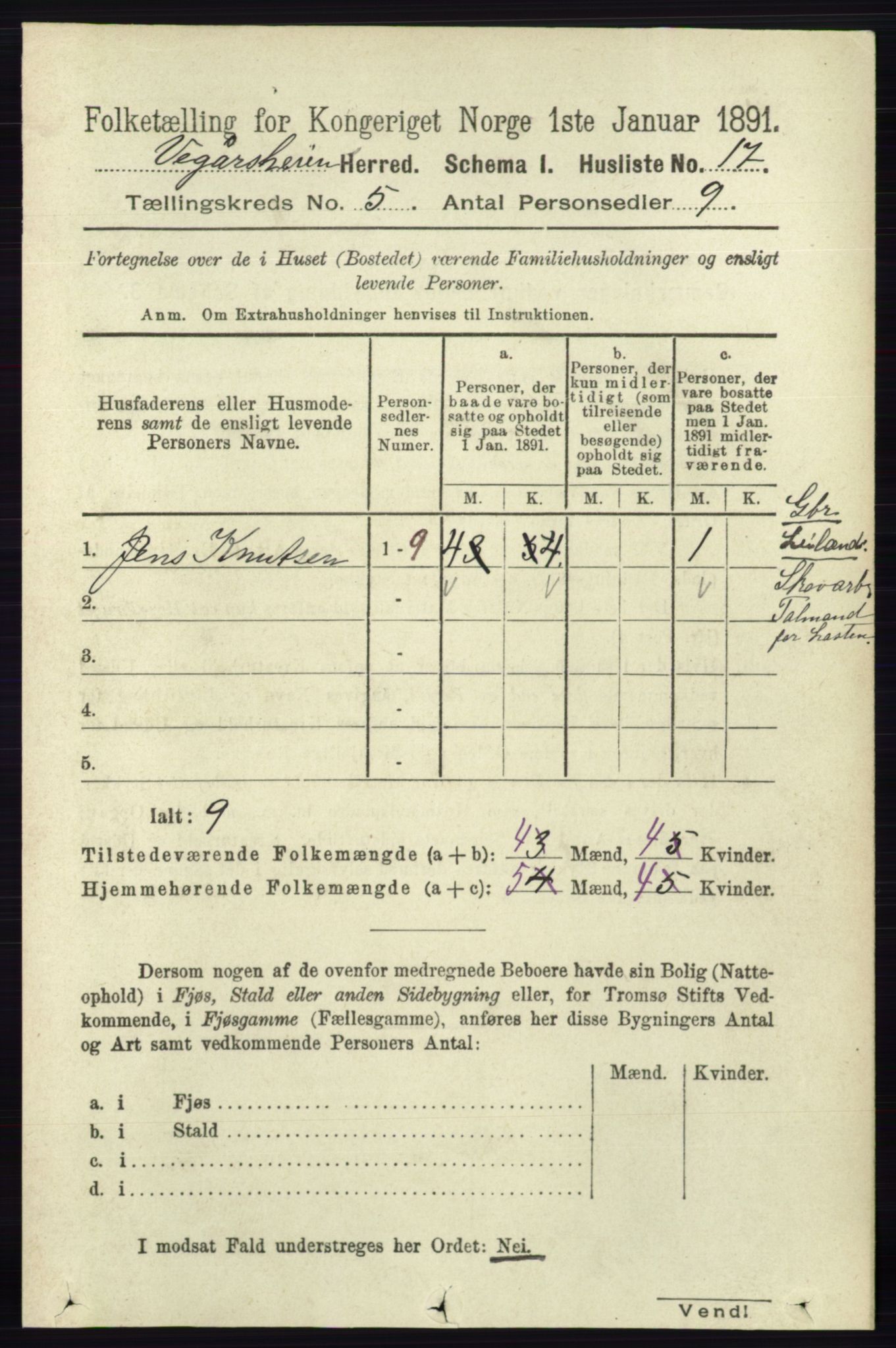 RA, Folketelling 1891 for 0912 Vegårshei herred, 1891, s. 959