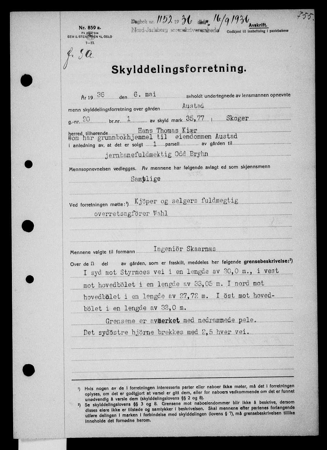 Holmestrand sorenskriveri, SAKO/A-67/G/Ga/Gaa/L0047: Pantebok nr. A-47, 1936-1936, Dagboknr: 1152/1936