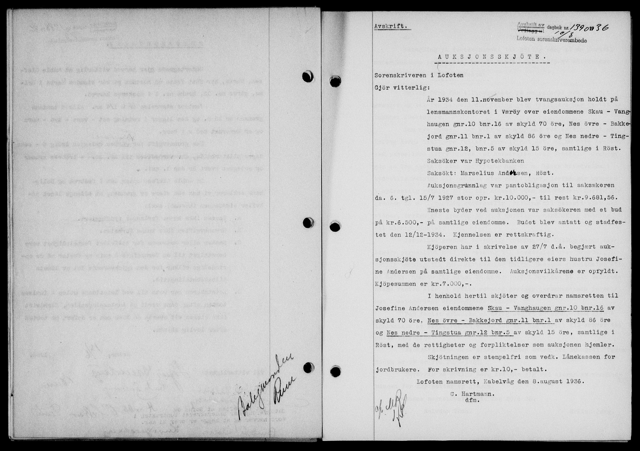 Lofoten sorenskriveri, SAT/A-0017/1/2/2C/L0001a: Pantebok nr. 1a, 1936-1937, Dagboknr: 1389/1936