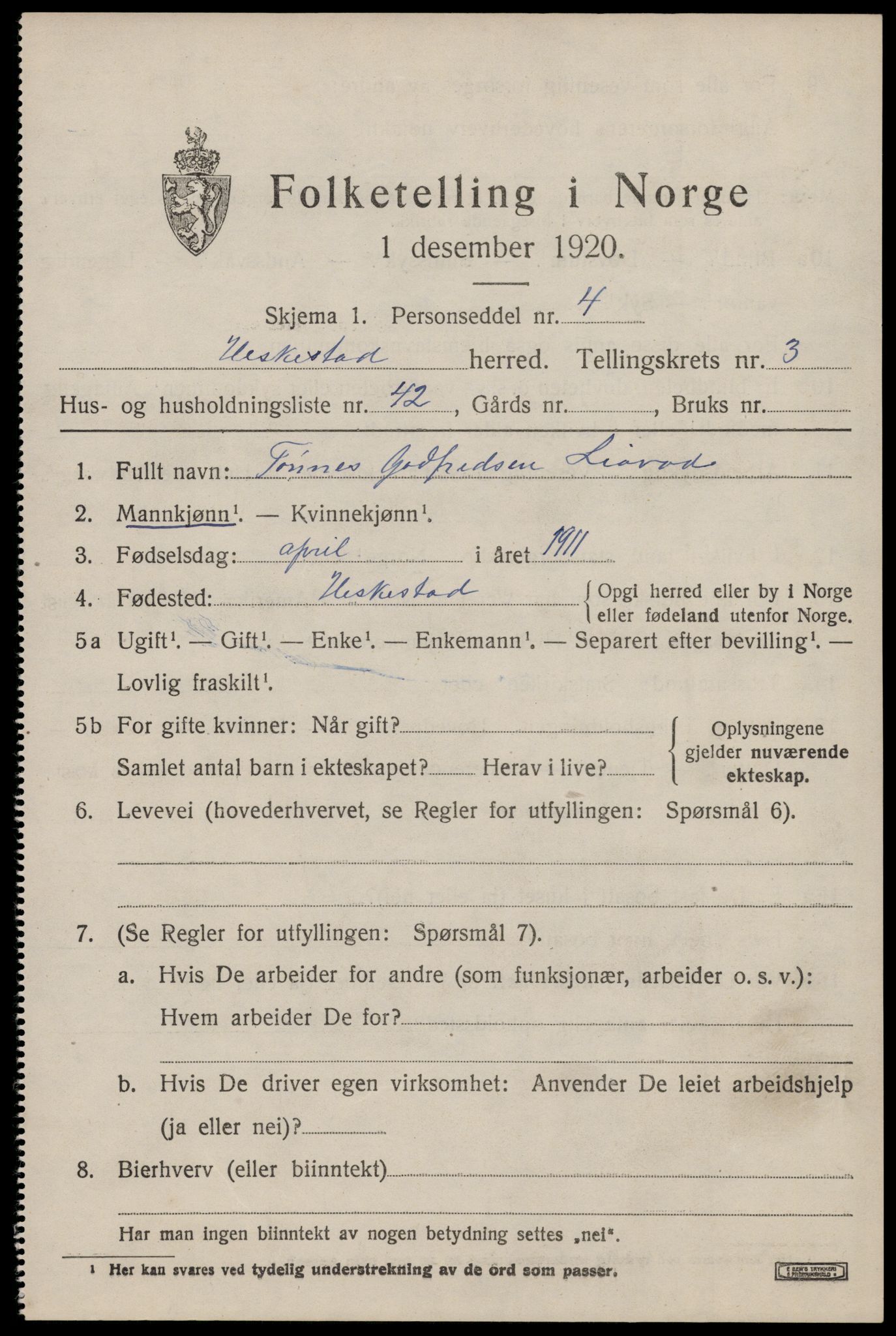 SAST, Folketelling 1920 for 1113 Heskestad herred, 1920, s. 1397