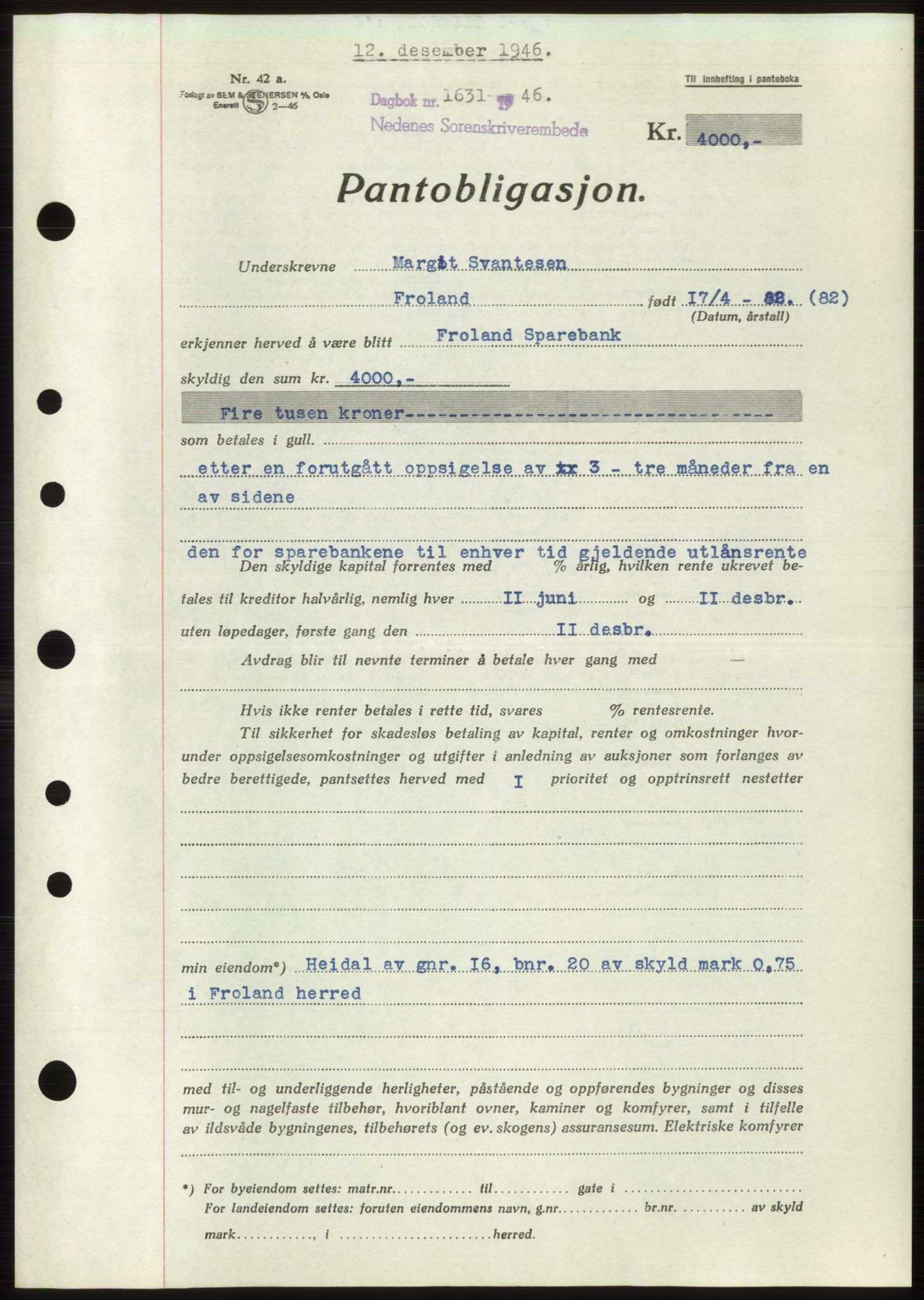 Nedenes sorenskriveri, SAK/1221-0006/G/Gb/Gbb/L0003: Pantebok nr. B3b, 1946-1946, Dagboknr: 1631/1946