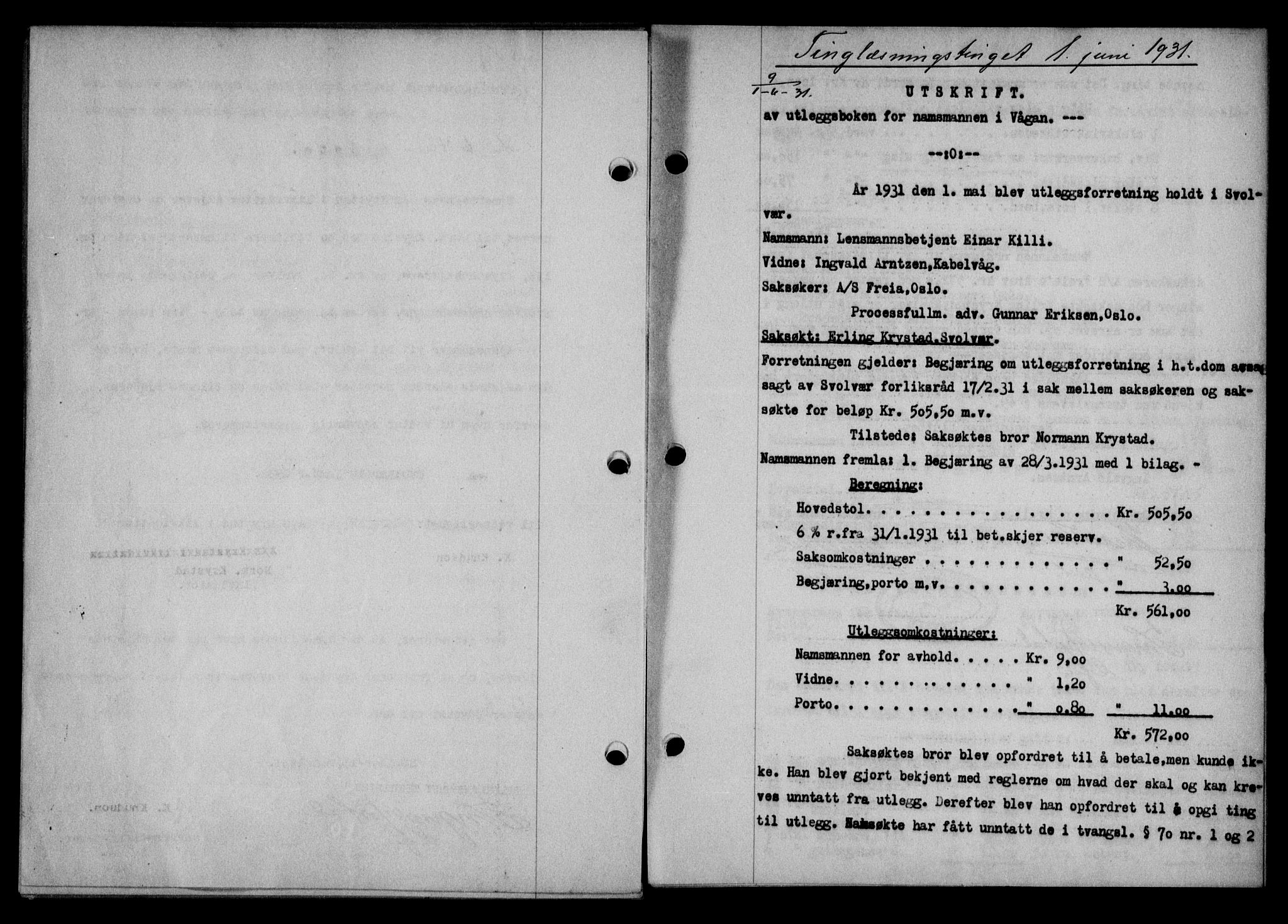 Lofoten sorenskriveri, SAT/A-0017/1/2/2C/L0023b: Pantebok nr. 23b, 1931-1931, Tingl.dato: 01.06.1931